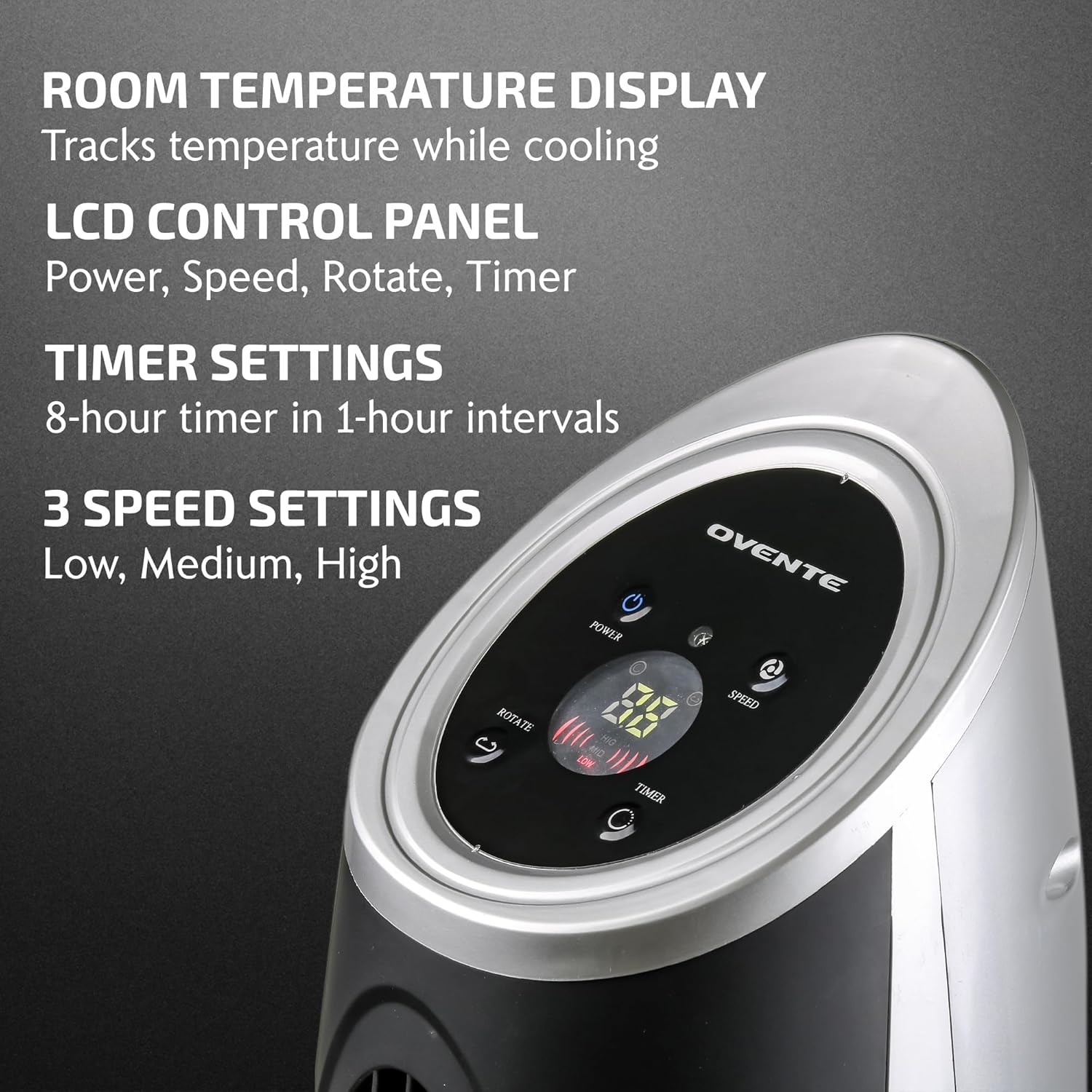 OVENTE Oscillating Tower Fan with Remote Control, 3-Speed LCD Panel & 8H Timer, 30.5