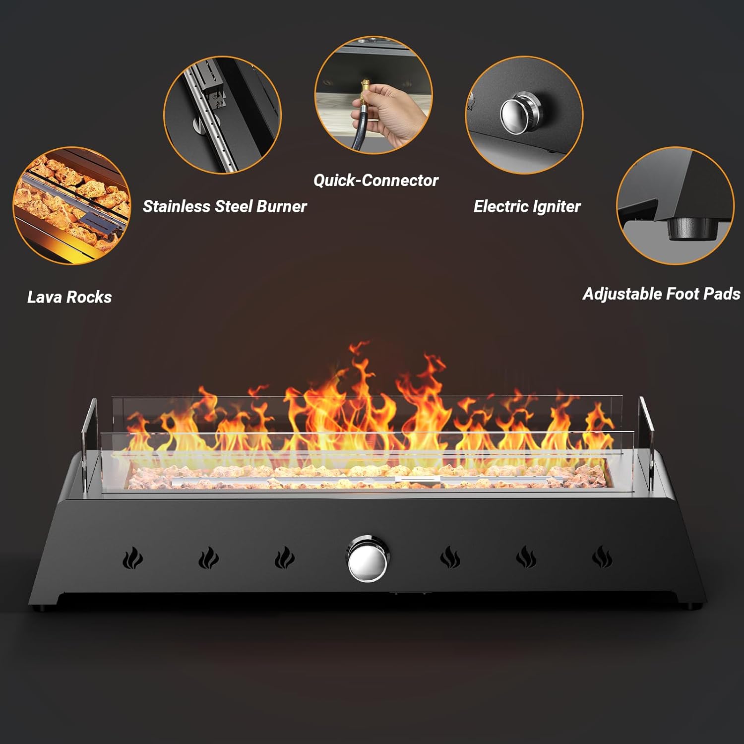 28'' Tabletop Fire Pit Table, 40,000 BTU Propane Fire Pit with Bottom Air Intake and Umbrella Hole, Outdoor Portable Fireplace Rectangular Fire Bowl w/Wind Glass Shield, Laval Rocks - Black