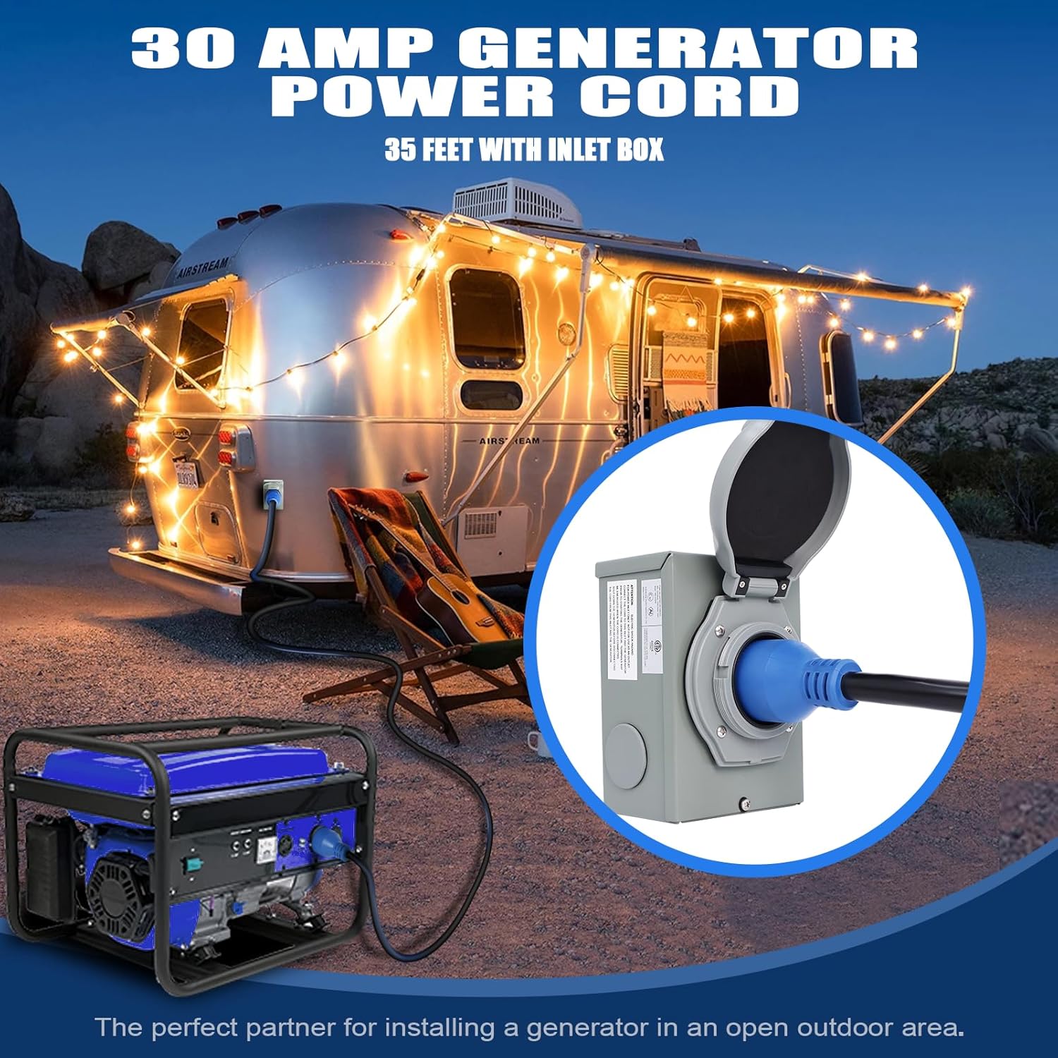 30 Amp Generator Cord and Power Inlet Box, 35 Ft SJTW 4X10AWG Generator Power Extension Cord 4 Prong Blue NEMA L14-30P to L14-30R 125V, 7500W Generator Power Inlet Organizer Combo Kit ETL Listed