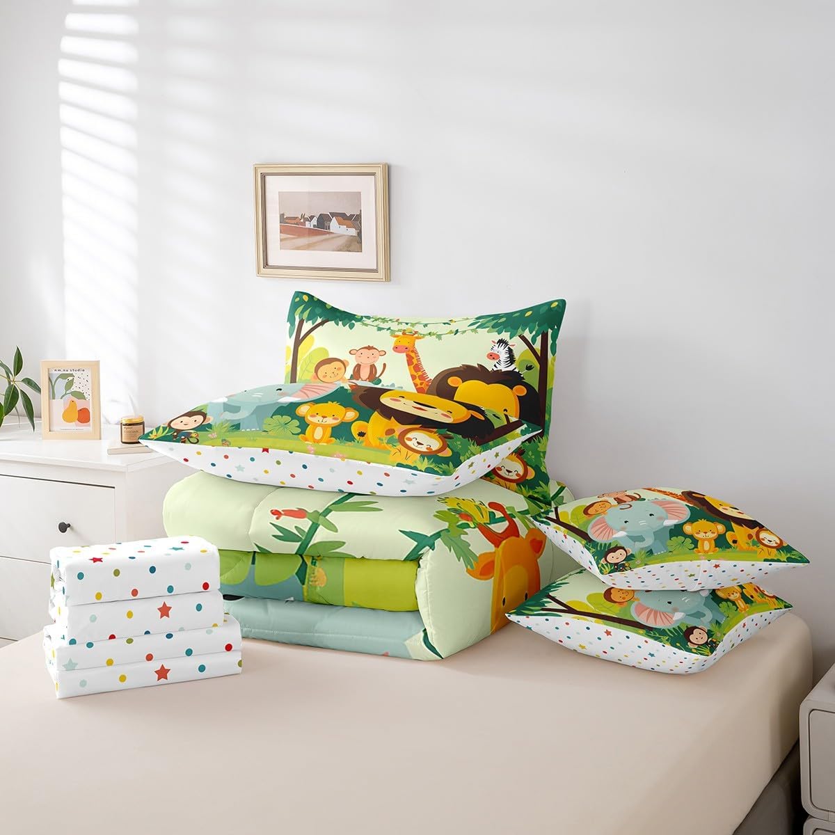 Erosebridal Cartoon Zoo Twin Comforter Set 7-Piece, Animals Cute Theme Bedding Accessories, Elephant Kawaii Giraffe Bed in a Bag, Green Safari Monkey Bed Sheets Set for Kids Adults Teens