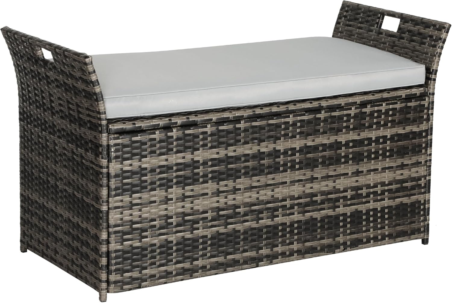 90 Gallon Patio Storage Bench, Outdoor Wicker Deck Box with Cushion, PE Rattan Box with Handles (Grey)