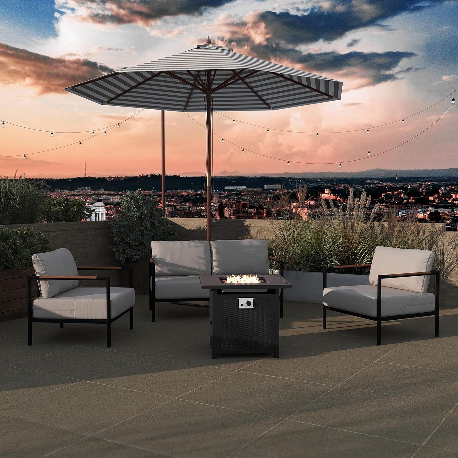 Taylor & Logan Marilyn 50,000 BTU Propane Gas Fire Pit Table with Stainless Steel Table Top, Lid, Lava Rocks, and Steel Wicker Detail Base, 28
