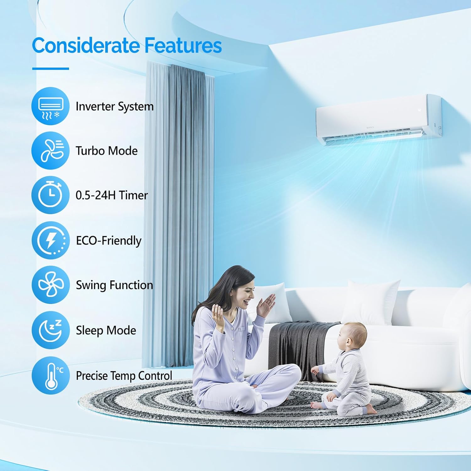 ROVSUN 11500 BTU Mini Split Air Conditioner & Heater, 17 SEER2 115V Energy Saving Inverter Ductless Wall AC Unit for Rooms up to 550 Sq. Ft with Pre-Charged Condenser, Heat Pump & Installation Kit