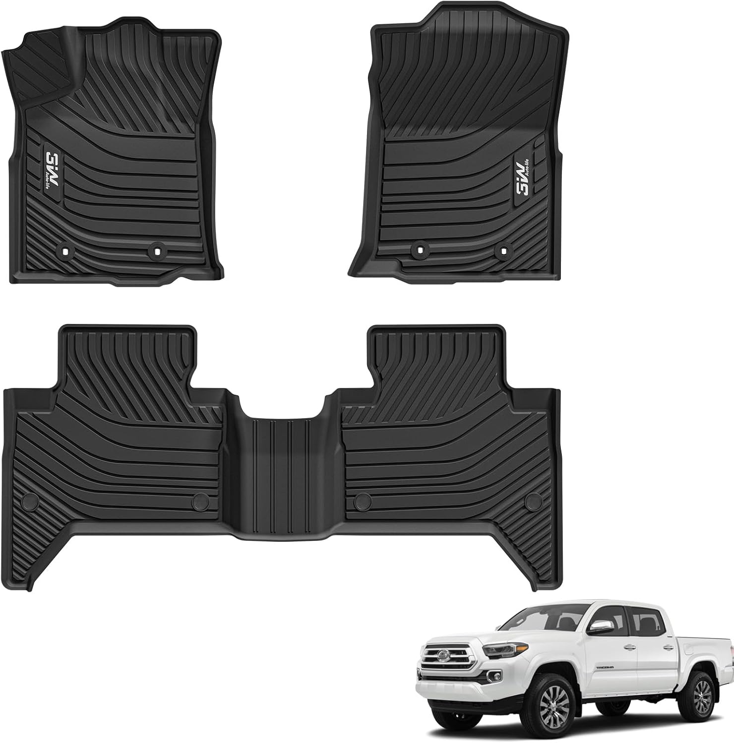 3W Floor Mats Fit Toyota Tacoma 2016-2023 (Only for Double Cab and Automatic), TPE All Weather Custom Fit Floor Liner for Toyota Tacoma SR/SR5/TRD/Limited/Trail Accessories Car Liners, Black