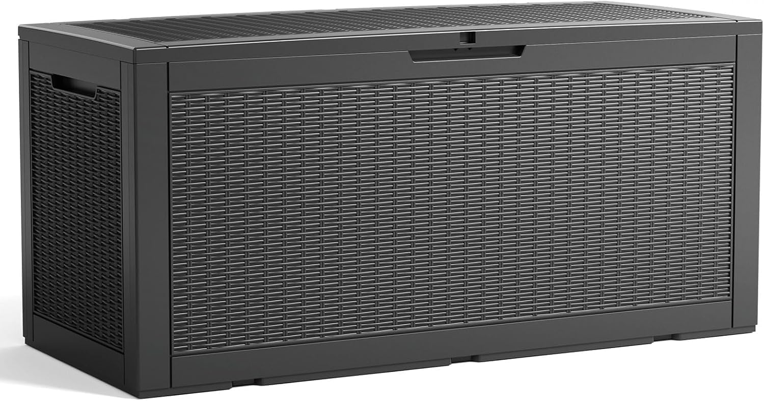 Vixzen 120 Gallon Outdoor Storage Box,Waterproof Lockable Resin Deck Box,Storage Container with Reinforced Support for Patio Cushions, Furniture Supplies, Garden Tools(Black，120 Gallon)