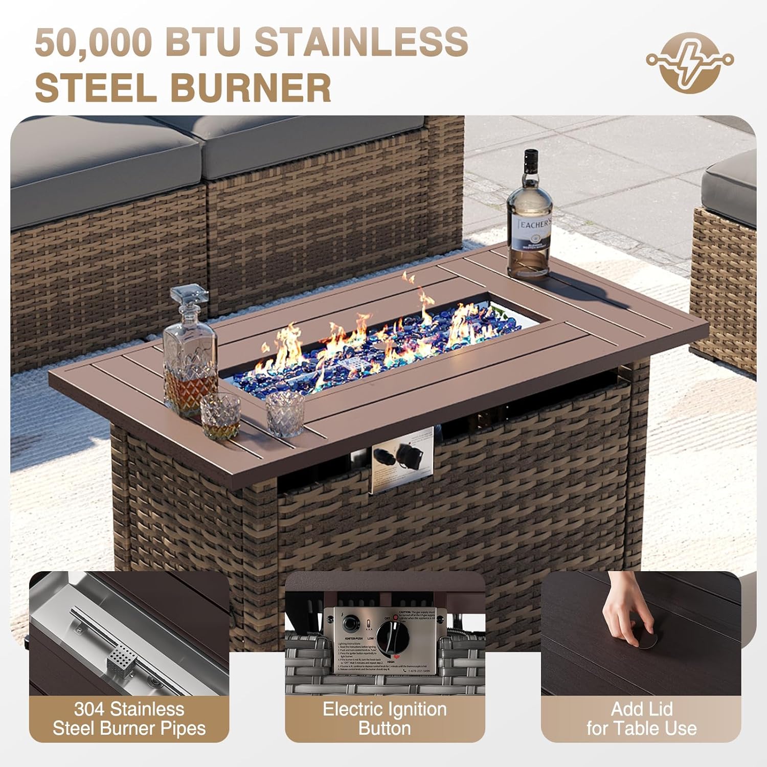 Aoxun Outdoor Patio Furniture with Fire Pit Table, 50,000 BTU Wicker Gas Fire Pits with Lid, 44'' Propane Gas Firepit Table for Backyard, Poolside, Garden (Yellow)