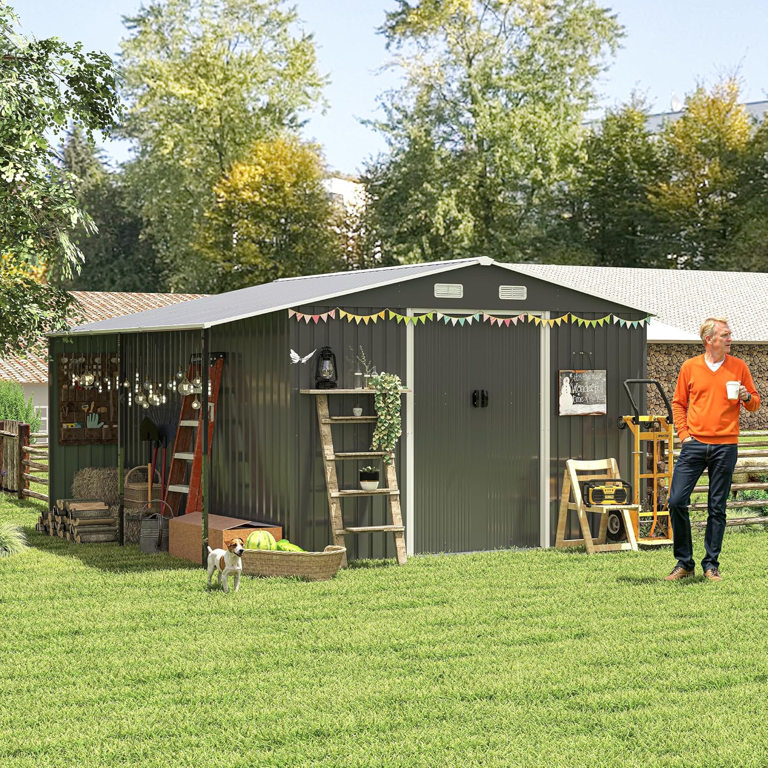 10x12 FT Outdoor Storage Shed with Sliding Lockable Doors&Windows, Extra Large Metal Shed with Dual-Zone Design, Galvanized Steel Utility Shed for Garden, Backyard,Tool Storage (Dark Gray, 10×12 FT)