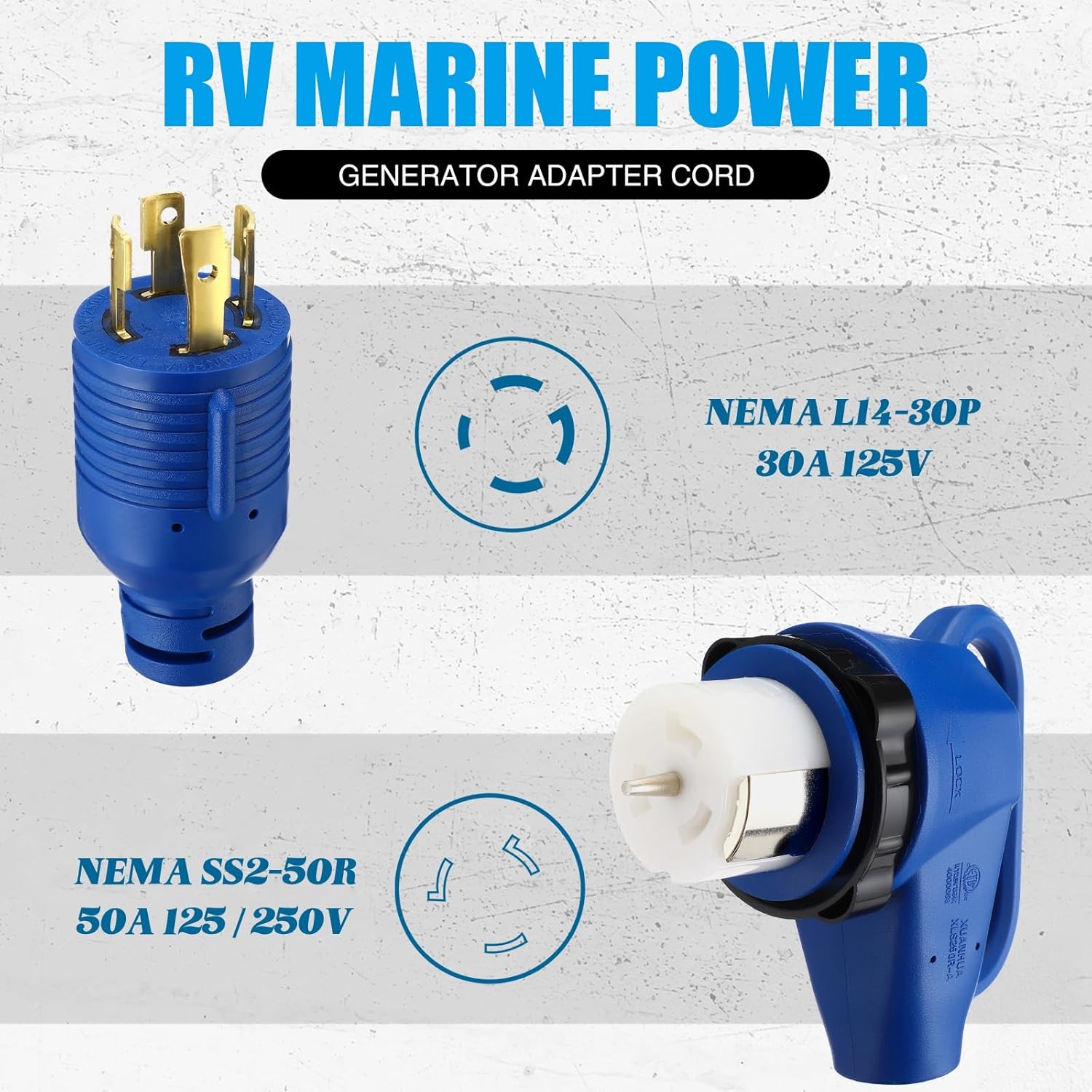 Kanayu 25FT NEMA L14-30P to SS2-50R RV Marine Power Generator Adapter Cord, 30A 4 Prong Locking Generator L14-30P Male to 50A Marine Shore Power 90 Degree Right Angle SS2-50R Female, ETL Listed