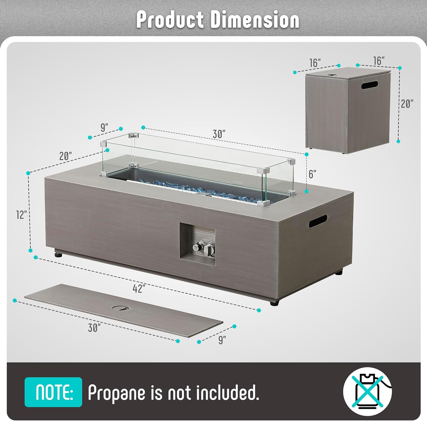 42’’ Propane Fire Pit Table Set with Tank Holder, CSA Certifed 50,000 BTU Outdoor Firepit Table, Wind Guard & Glass Stones, Smoke-Free Rectangular Fire Table for Garden Porch Backyard - Extra Cover