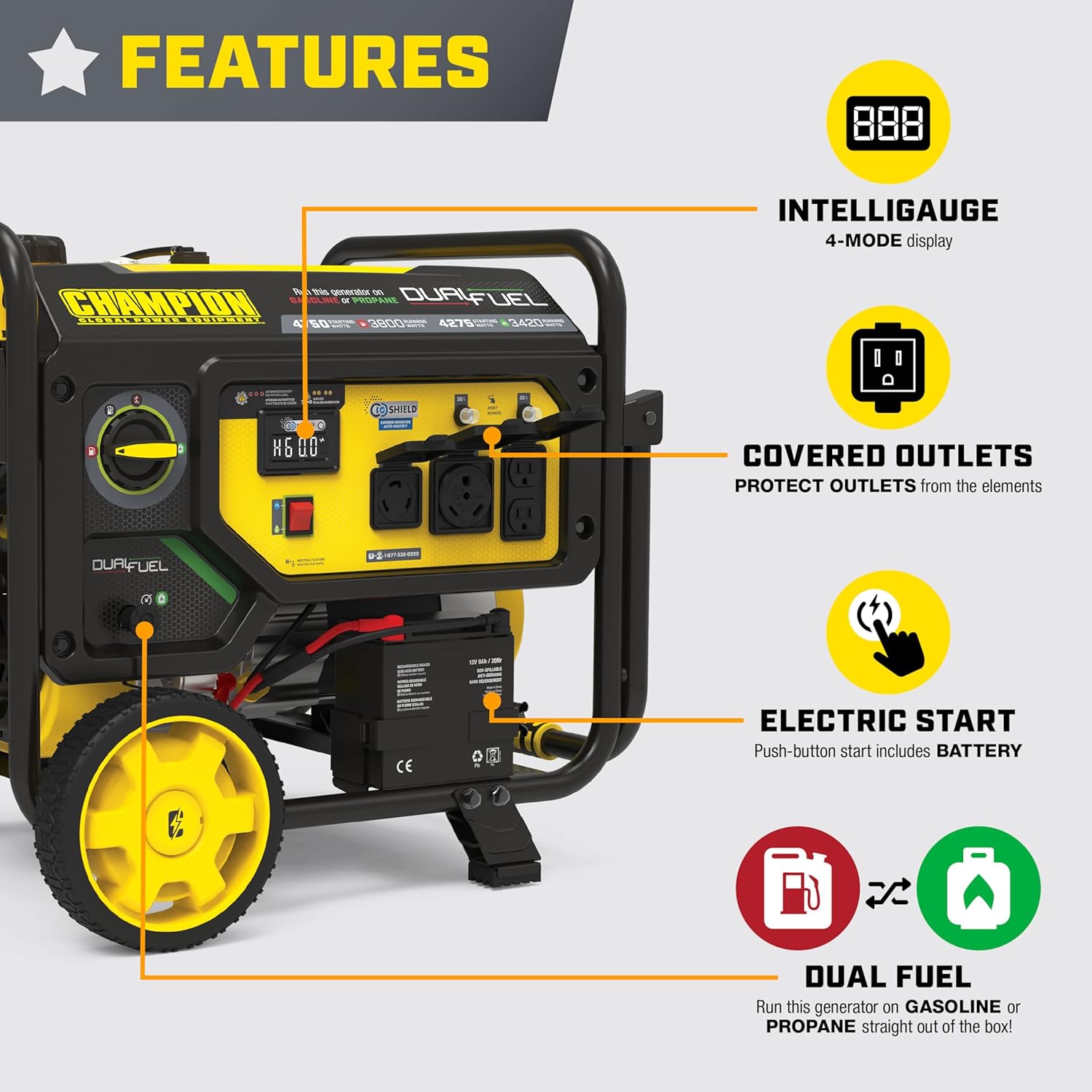Champion Power Equipment 4750-Watt Electric Start Dual Fuel RV Ready Portable Generator with CO Shield, CARB Compliant