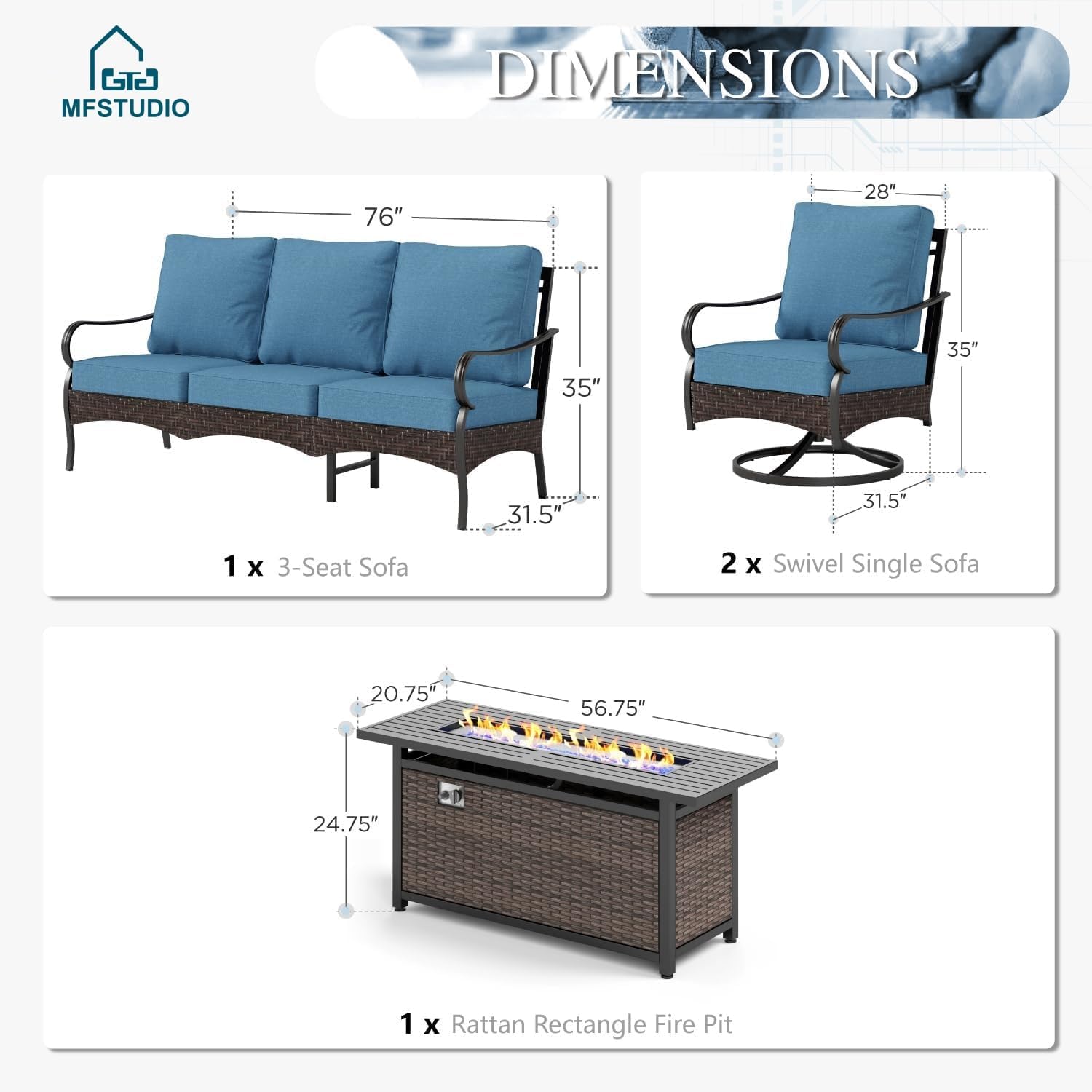 MFSTUDIO 4 Pieces Outdoor Patio Furniture Set, Metal Outdoor Conversation Set, Rattan Wicker Patio Sectional Set with 2 x Swivel Single Sofa, 3-Seat Sofa, 1 x Fire Pit Table, Navy Blue