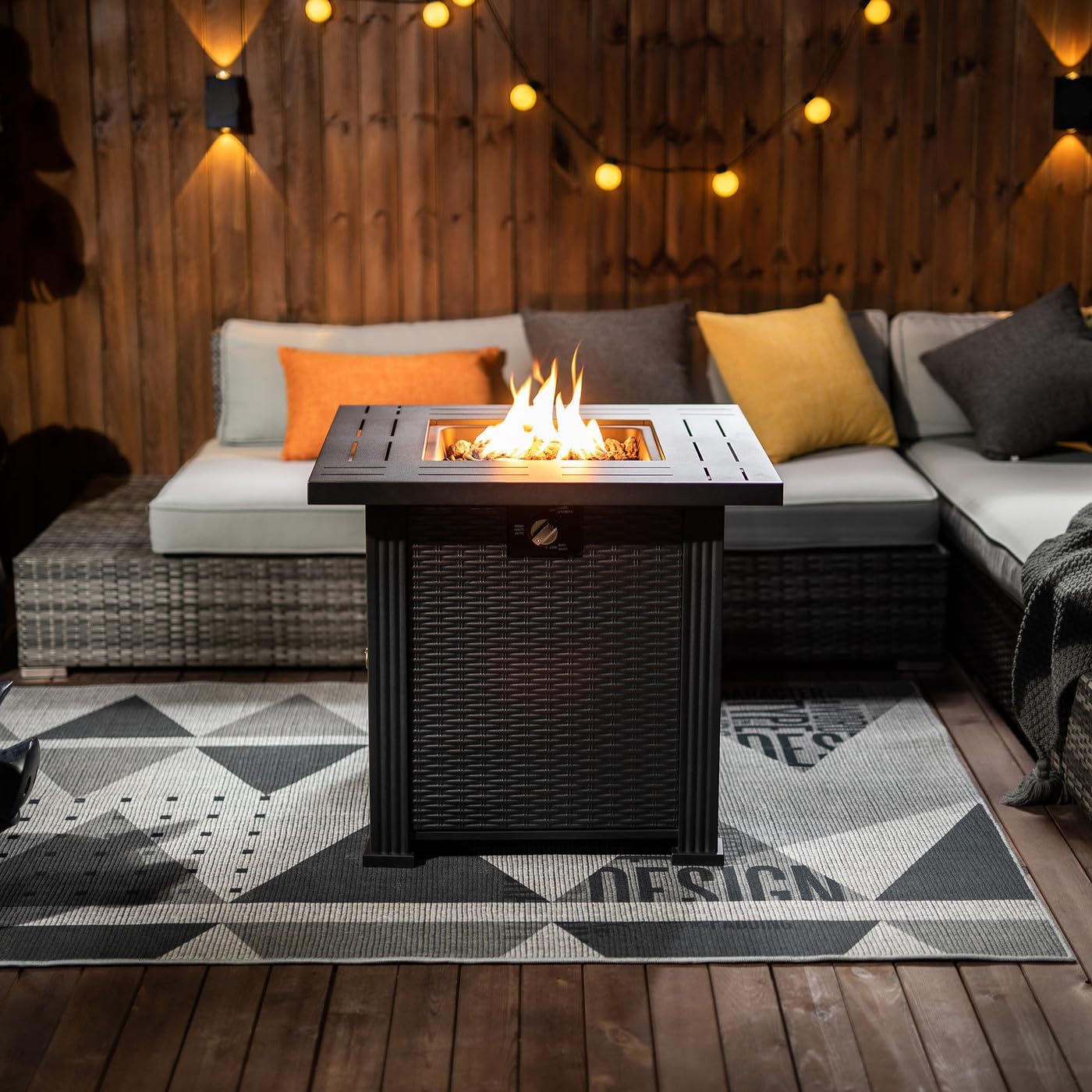 Outdoor Furniture Propane Fire Pit Table Square Tabletop Fire Pit with Wicker-Look Panels & Hidden Tank Storage Adjustable Flame Control Patio Deck Backyard