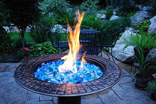 LEGACY HEATING Zeta 1 28in Propane Fire Pit Table, 50,000BTU Outdoor Gas Fire Pit & Hiland RGLASS-OB Pit Fire Glass i n Ocean Blue, Extreme Tempature Rating