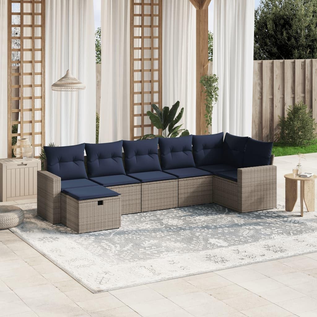 7 Piece Patio Sofa Set, Gray Poly Rattan Outdoor Furniture with Cushions, Modular Design for Backyard, Terrace, Garden, UV-Proof