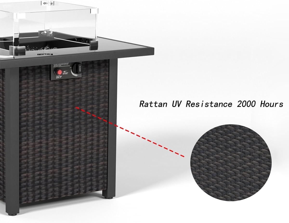 28 Inch Propane Fire Pit Table, Rattan Wicker Look, 50000 BTU Gas Firepits Tempered Glass Tabletop with Glass Windscreen Protector for Outside Patio and Garden(Brown)