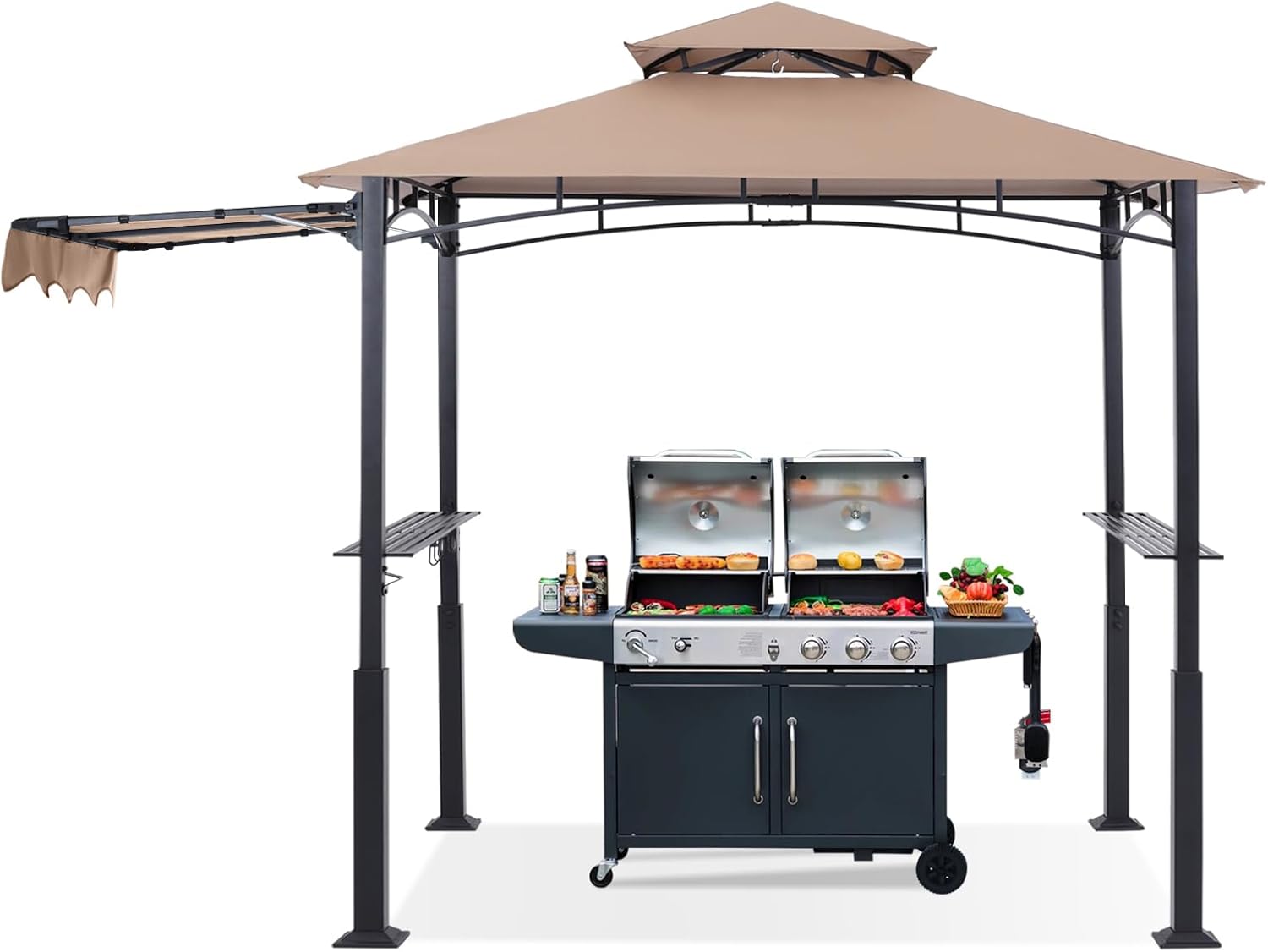 ABCCANOPY Grill Gazebo with Extra Awning - 11x5 Outdoor BBQ Canopy Shelter with 2 Led Lights for Patio Backyard Grilling (Khaki)