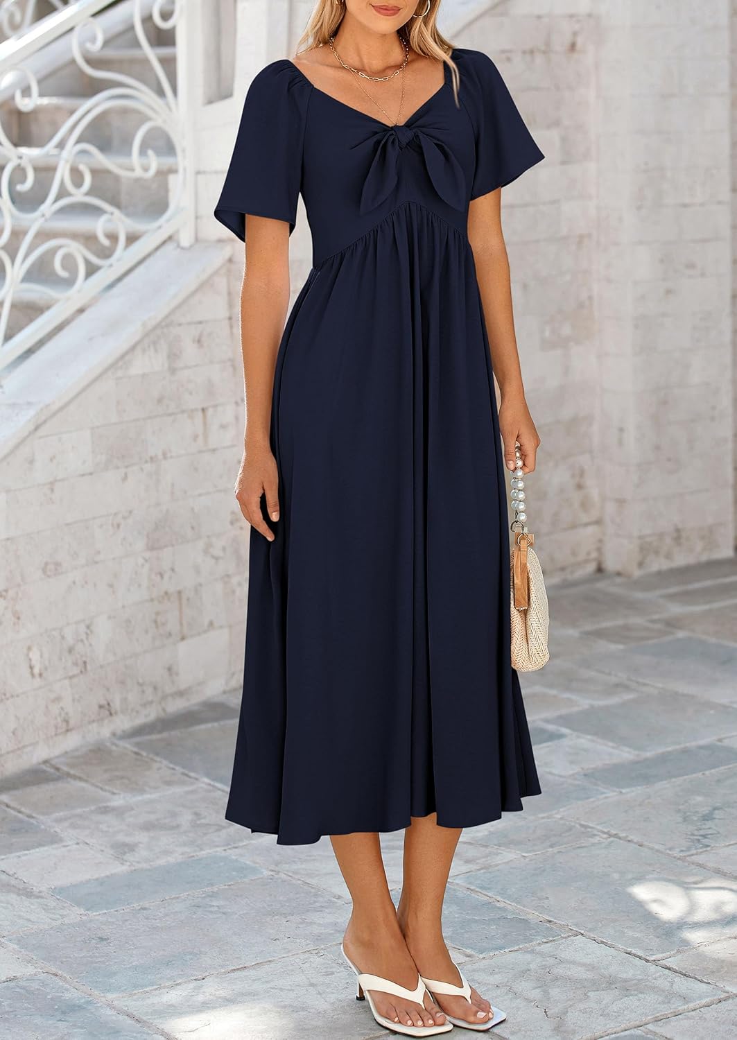 PRETTYGARDEN Summer Dress for Women 2026 Casual Short Sleeve Bow Tie V Neck Ruffle Midi Flowy Dresses