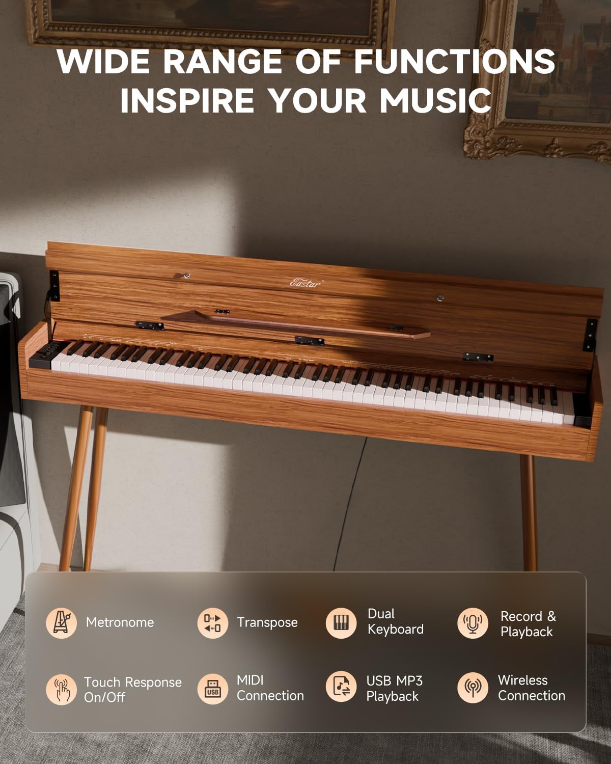 Eastar EUP-100 88 Key Weighted Keyboard Piano, Full-Size Home Digital Piano for Beginner, with Cover, Headphone, Music Stickers, Three-Pedal, Wireless Conection, Recording, MIDI - Retro Wood Color