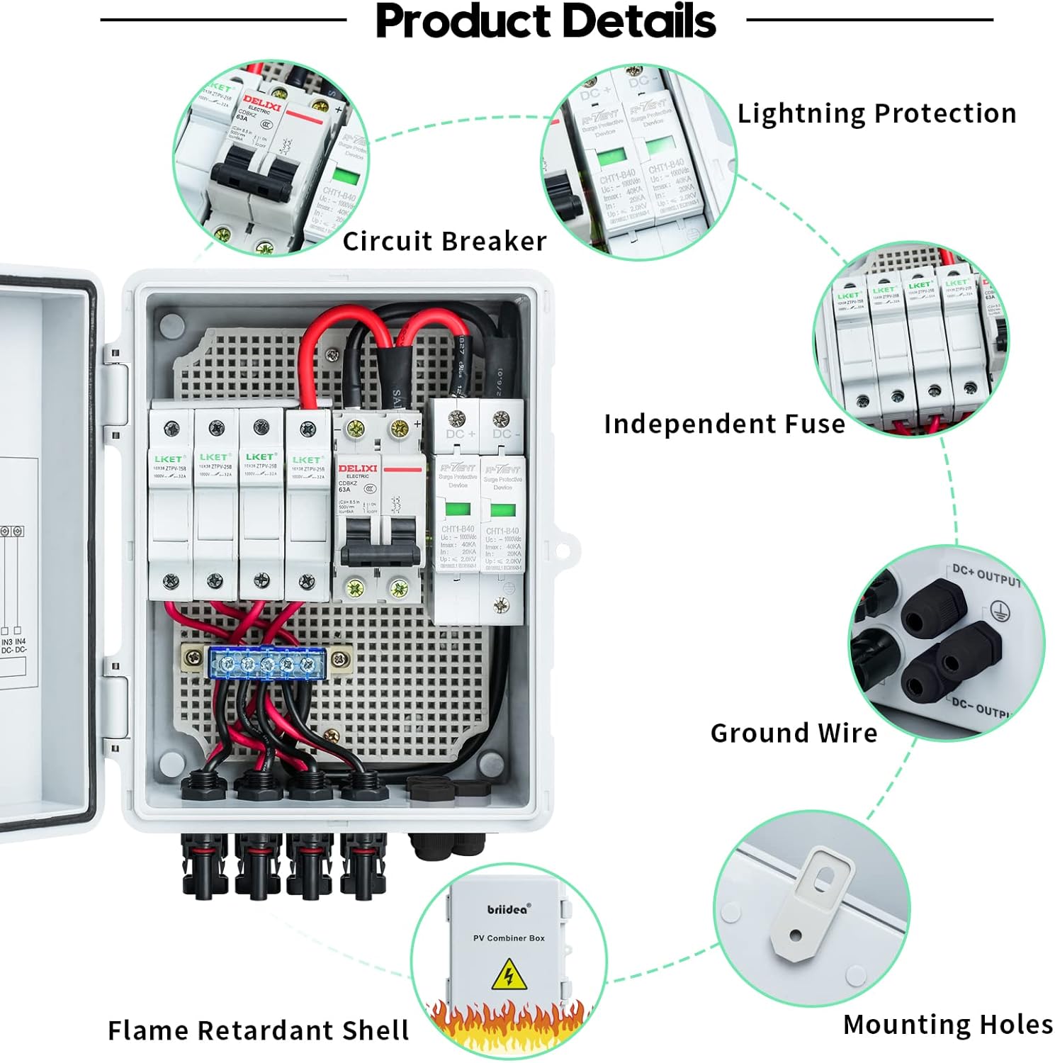 Solar Combiner Box, Briidea 4-String PV Combiner Box with 10A Circuit Breakers & Lightning Arrester, IP65 Waterproof, for On-Grid & Off-Grid Solar Panel Systems