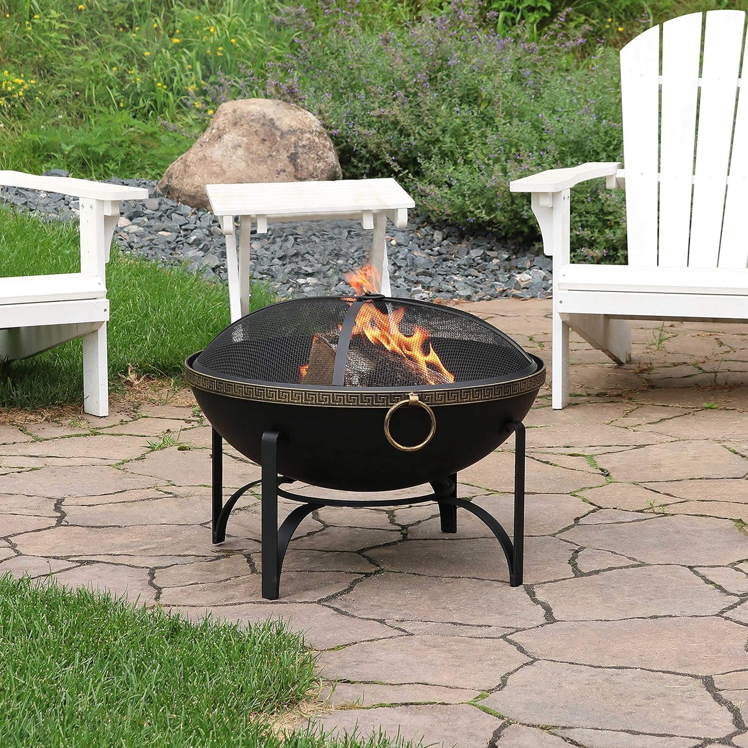 Sunnydaze 26-Inch Steel Wood-Burning Outdoor Fire Pit Bowl with Spark Screen, Log Grate, and Poker