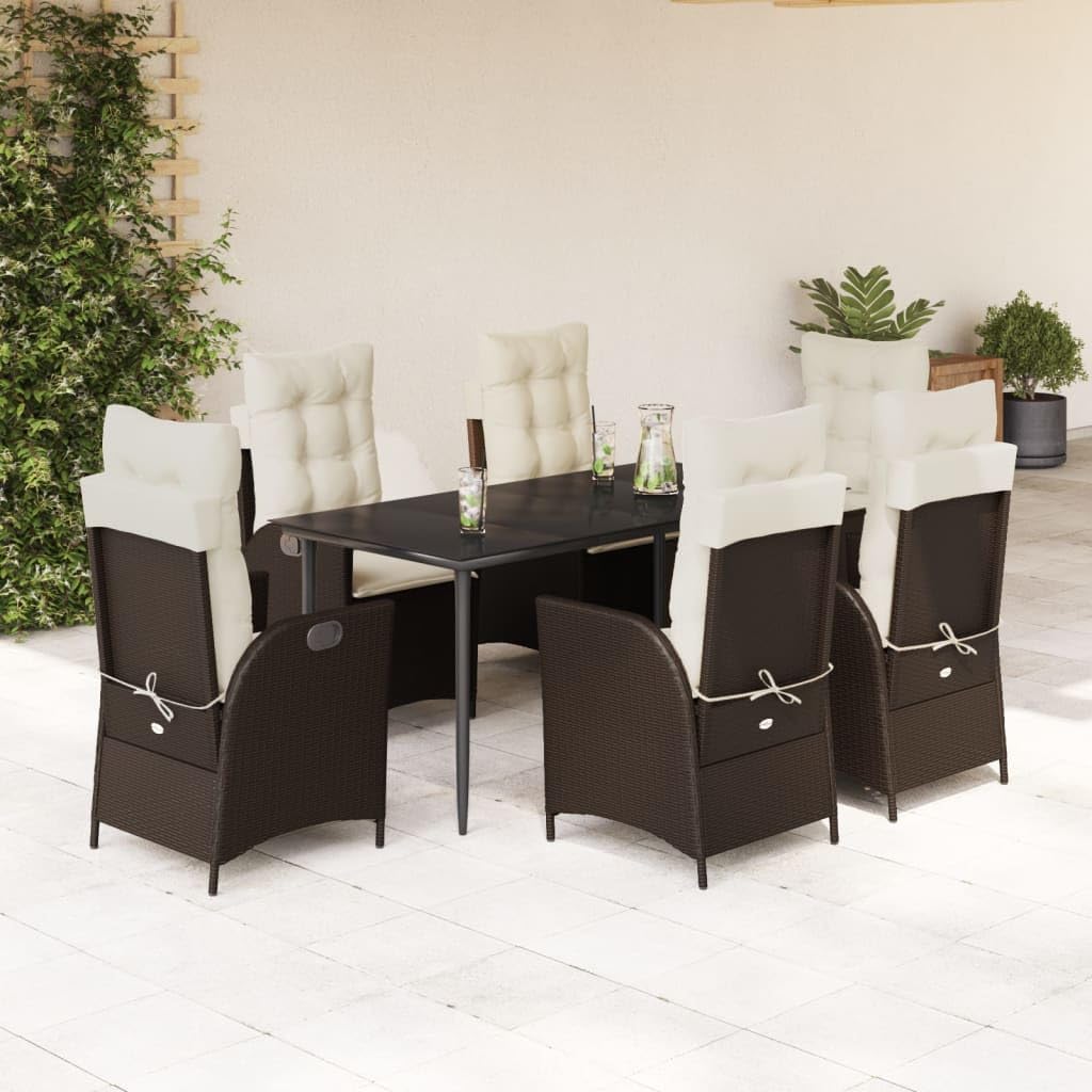 7 Piece Patio Dining Set with Cushions Brown Poly Rattan Garden Furniture