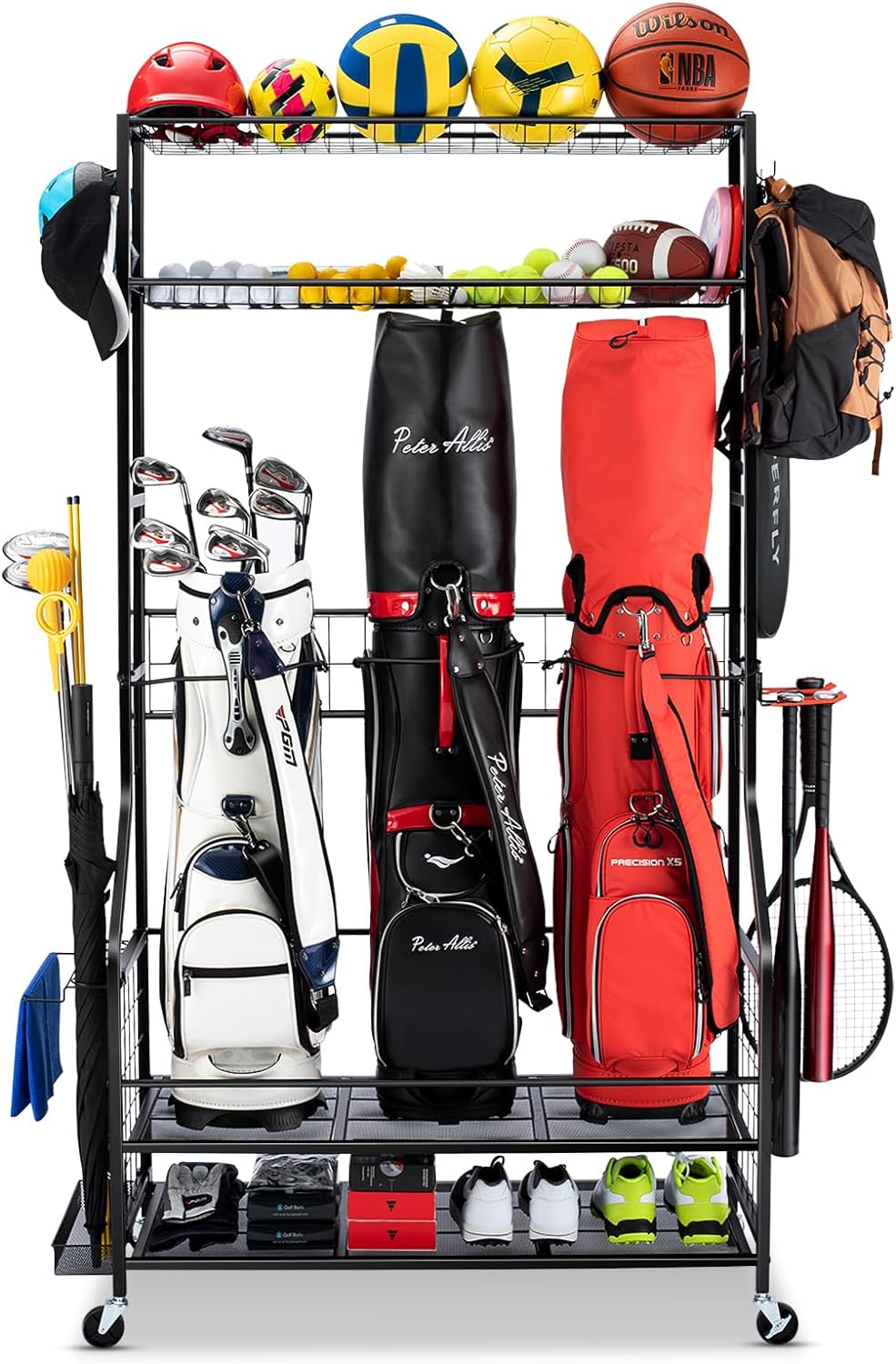 Golf Bag Storage Garage Organizer, 3 Golf Bag Stand and Sports Equipment Storage Rack for Garage with Wheels, 4 Hooks, Golf Accessories Storage Rack with Extra Golf Clubs Display Rack