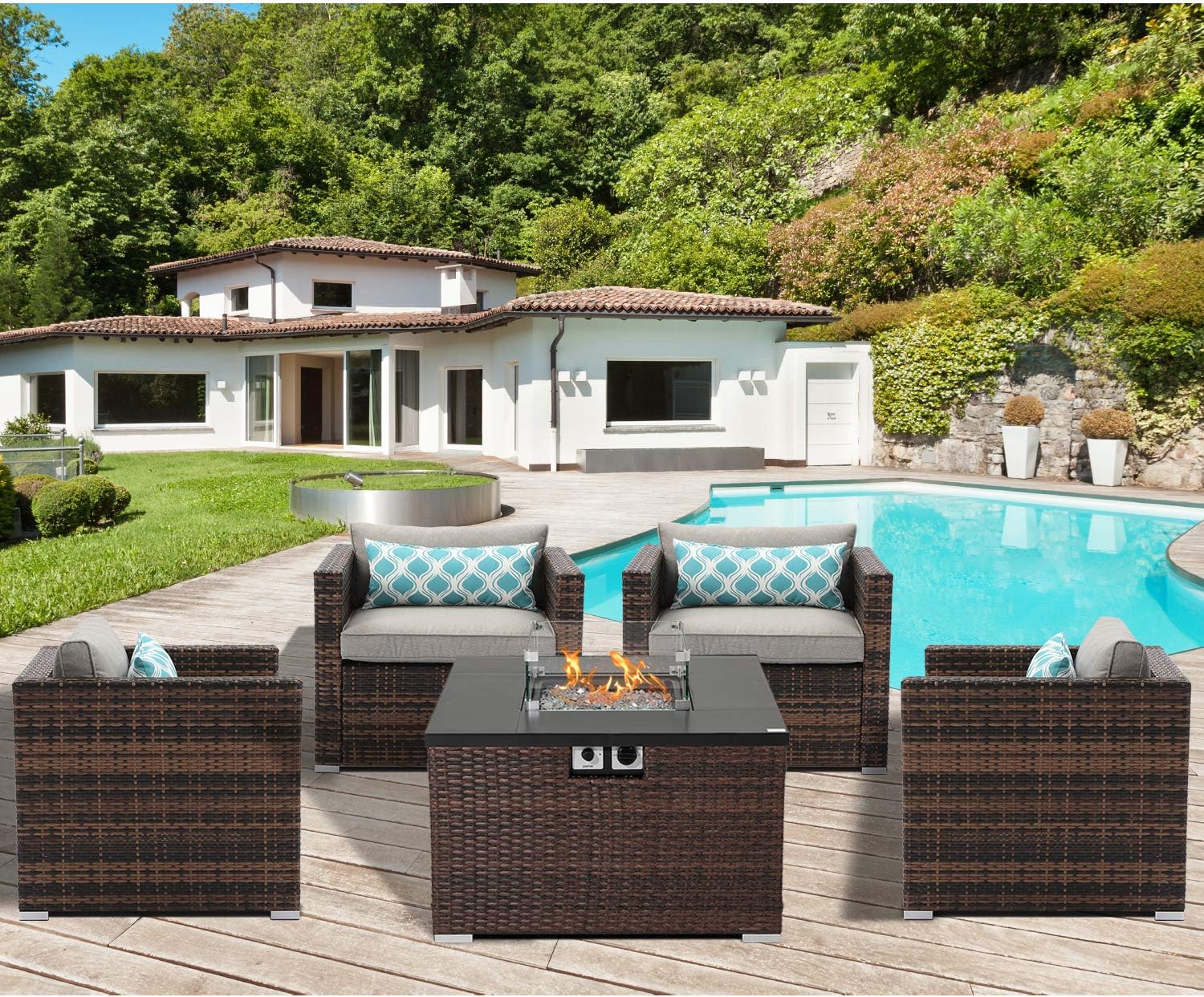 AQUILLA Outdoor 5 Pieces Patio Furniture, 32-inch 40000 BTU Square Wicker Fire Table w Wind Guard Glass for Garden