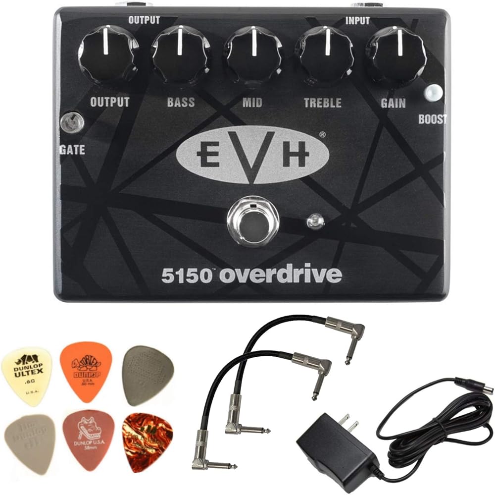 MXR EVH5150 Overdrive Pedal Bundle with 2 Patch Cables, Power Supply, and 6 Dunlop Picks