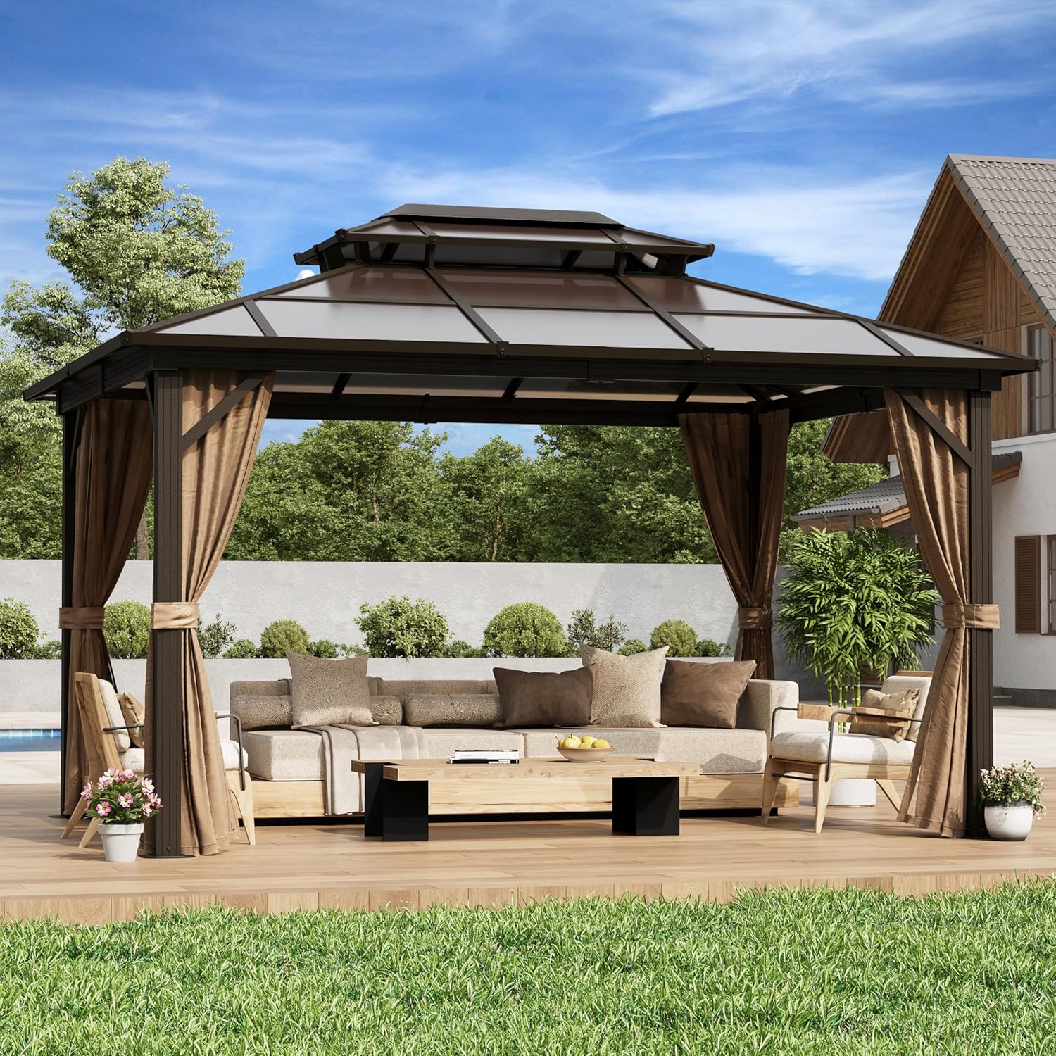 YOLENY 10'x13' Hardtop Gazebo, Outdoor Polycarbonate Double Roof Canopy, Aluminum Frame Permanent Pavilion with Curtains and Netting, Sunshade for Garden, Patio, Lawns