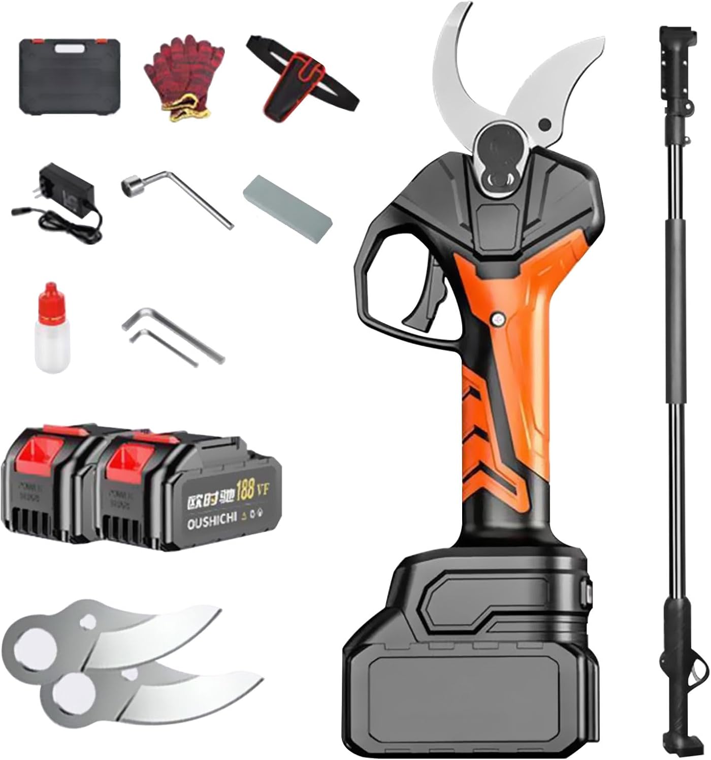 Electric Cordless Pruning Shears, 980W Pruning Shears, Lithium Brushless Pruning Shears with 2.8M Extension Pole, 70mm Cutting Diameter, for Pruning Horticultural Fruit Trees Vineyards 2-batterie