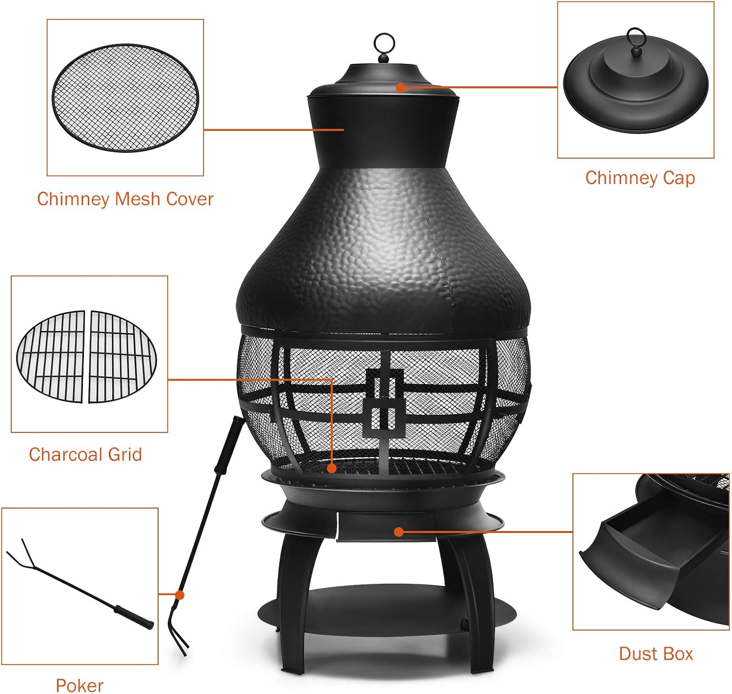 Giantex Wood Burning Chiminea, Heavy Duty Fireplace Chiminea Wooden Fire Pit with 2-Piece Log Grate, Premium Rain Cap & Fire Poker, 360°Fire Retardant Mesh Cover, Ideal for Garden, Patio, Backyard