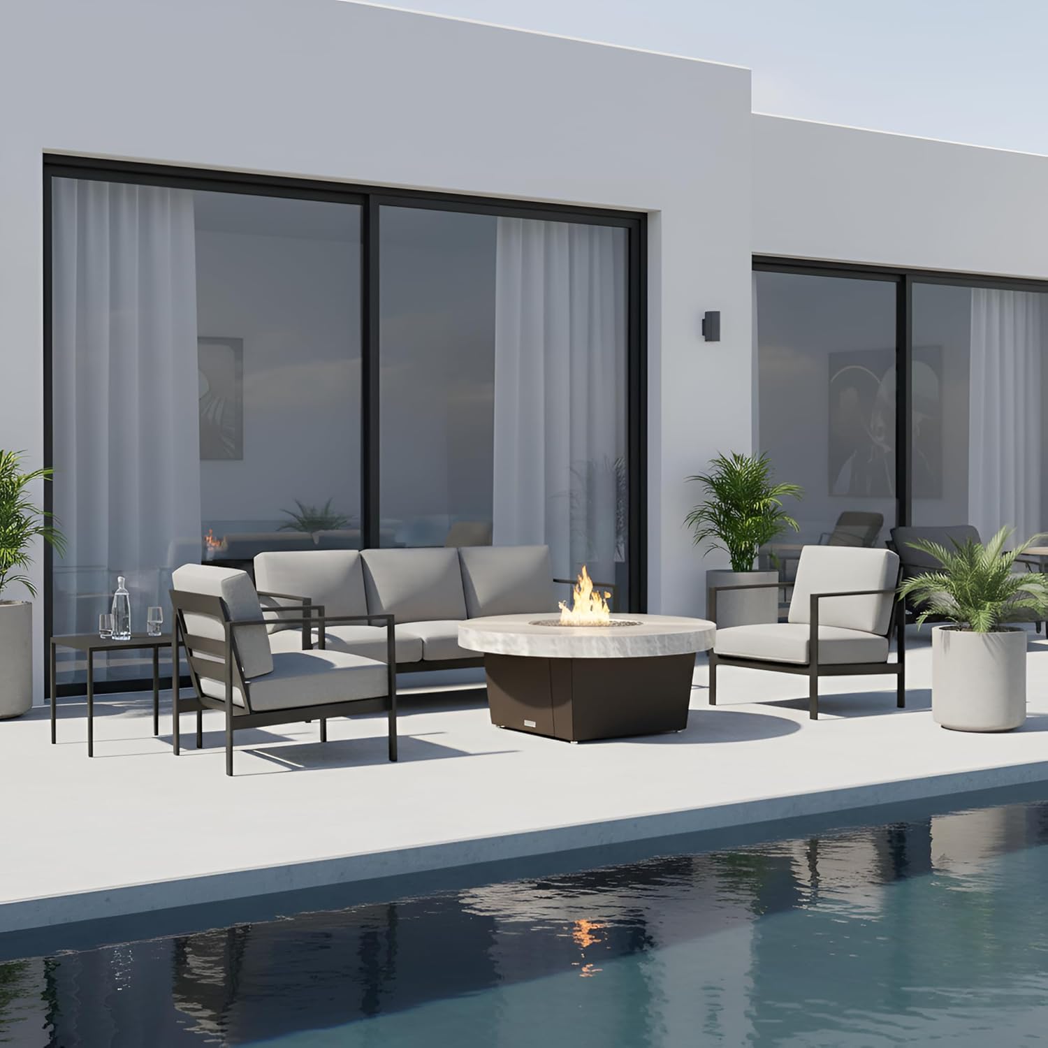 COOKE Parkway Circular Fire Pit Table - 48 Diam - Propane - Brushed Aluminum Top - Bronze Powdercoat Base