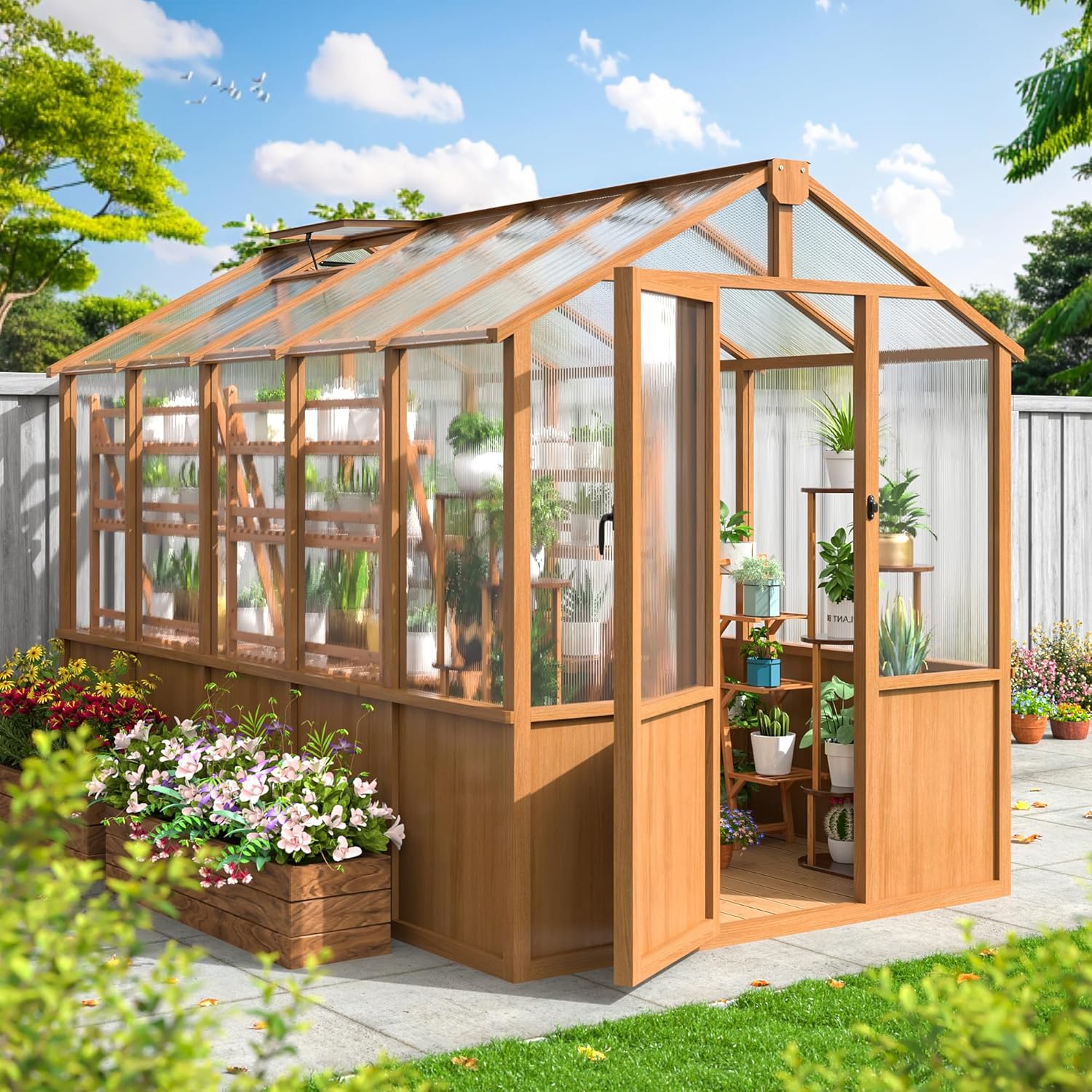 6x10 FT Greenhouse for Outdoor, 6MM Thick Polycarbonate Panel Wooden Walk-in Green House with Lockable Door and Adjustable Roof Vents,Garden Backyard, Brown
