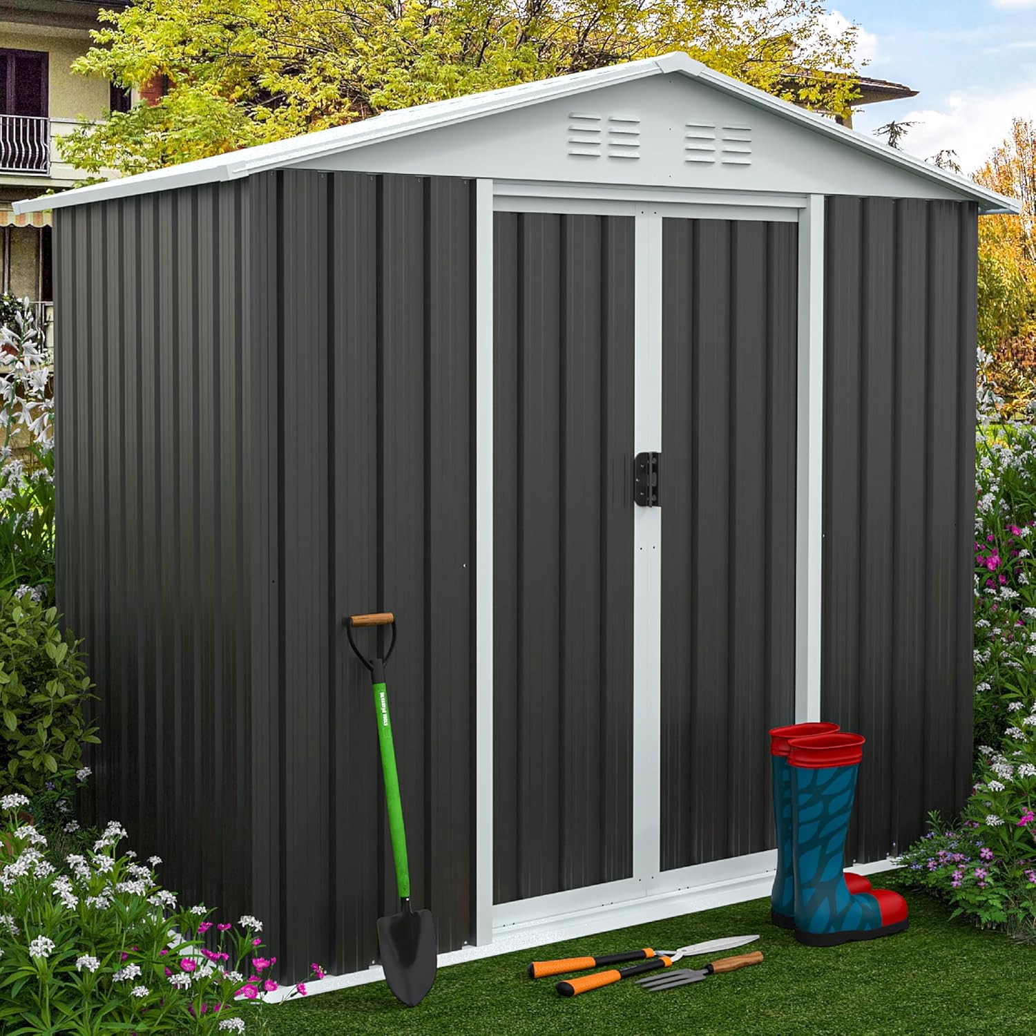KEIKI 6X 4 FT Metal Storage Shed Outdoor, Small Garden Shed with Roof & Lockable Door, Utility Tool Sheds Frame for Patio Backyard Bicycles Storage House, All Weather Use, Dark Grey