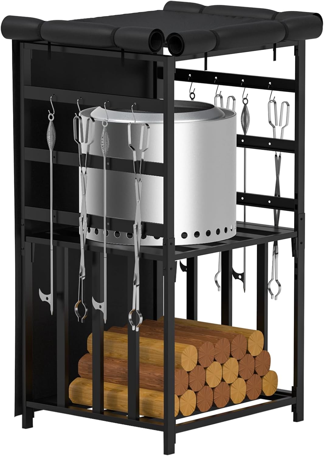 Firewood Storage Rack for Solo Stove Bonfire Ranger Yukon Fire Pit Accessories, Black Steel with Powder Coated Finish, Adjustable Shelves, Waterproof Cover, 29.9
