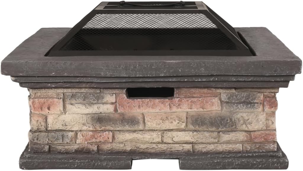 29 Inch Square Stone Gray Wood-Burning Fire Pit, Outdoor MGO Magnesium Oxide Fire Pit Table, Lightweight Concrete Patio Heater for Garden Backyard, No Assembly Required