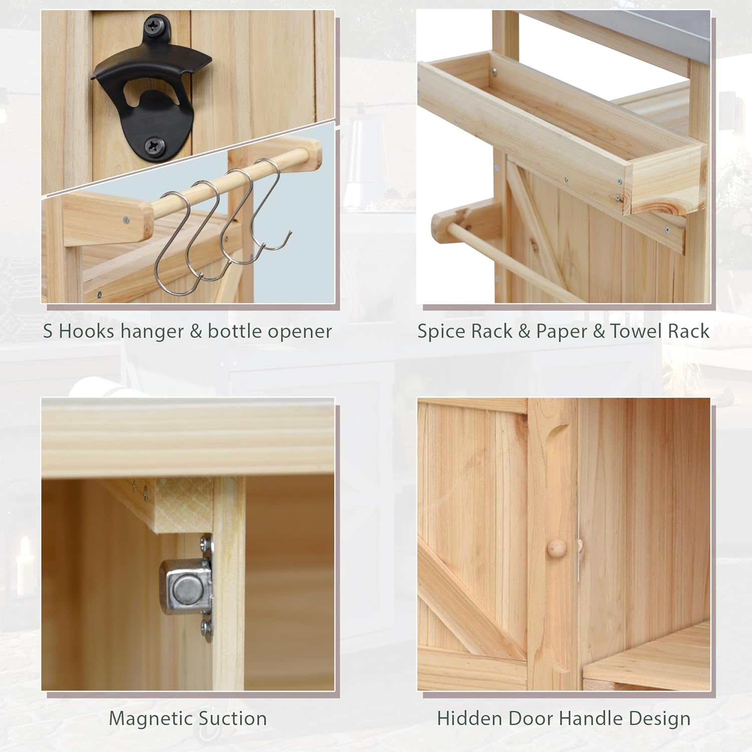 LZ LEISURE ZONE Large Outdoor Grill Table, Farmhouse Solid Wood Outdoor Kitchen Island Bar Table with Stainless Steel Top, Rolling Bar Cart with Storage Cabinet for Patio/Kitchen/Grill, Natural