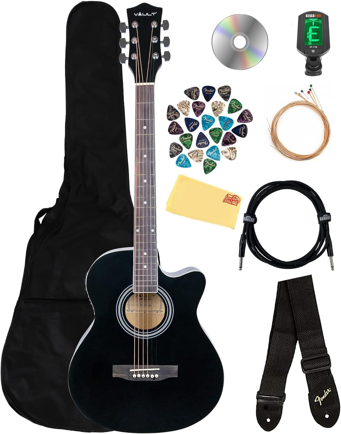 Vault EA-20CE Cutaway Acoustic-Electric Guitar - Black Bundle with Gig Bag, Tuner, Strap, Strings, Instrument Cable, Picks, Austin Bazaar Instructional DVD, and Polishing Cloth