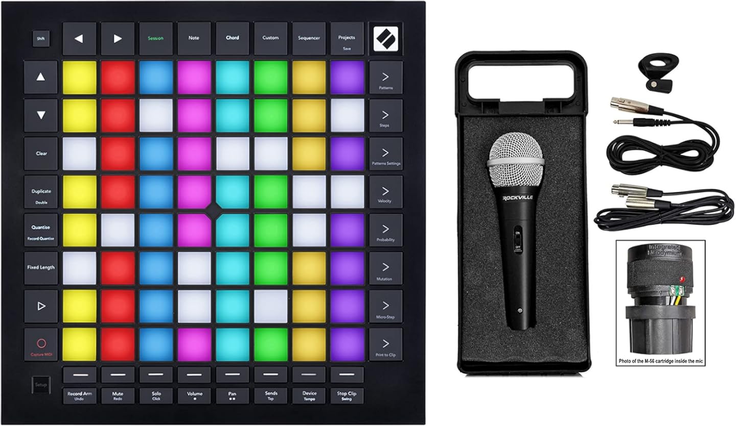 Audiosavings Bundle: Novation Launchpad Pro MK3 Ableton Live USB MIDI RGB 64-Pad DJ Controller Bundle with Rockville RMC-XLR High-End Metal DJ Handheld Wired Microphone (2 Items)