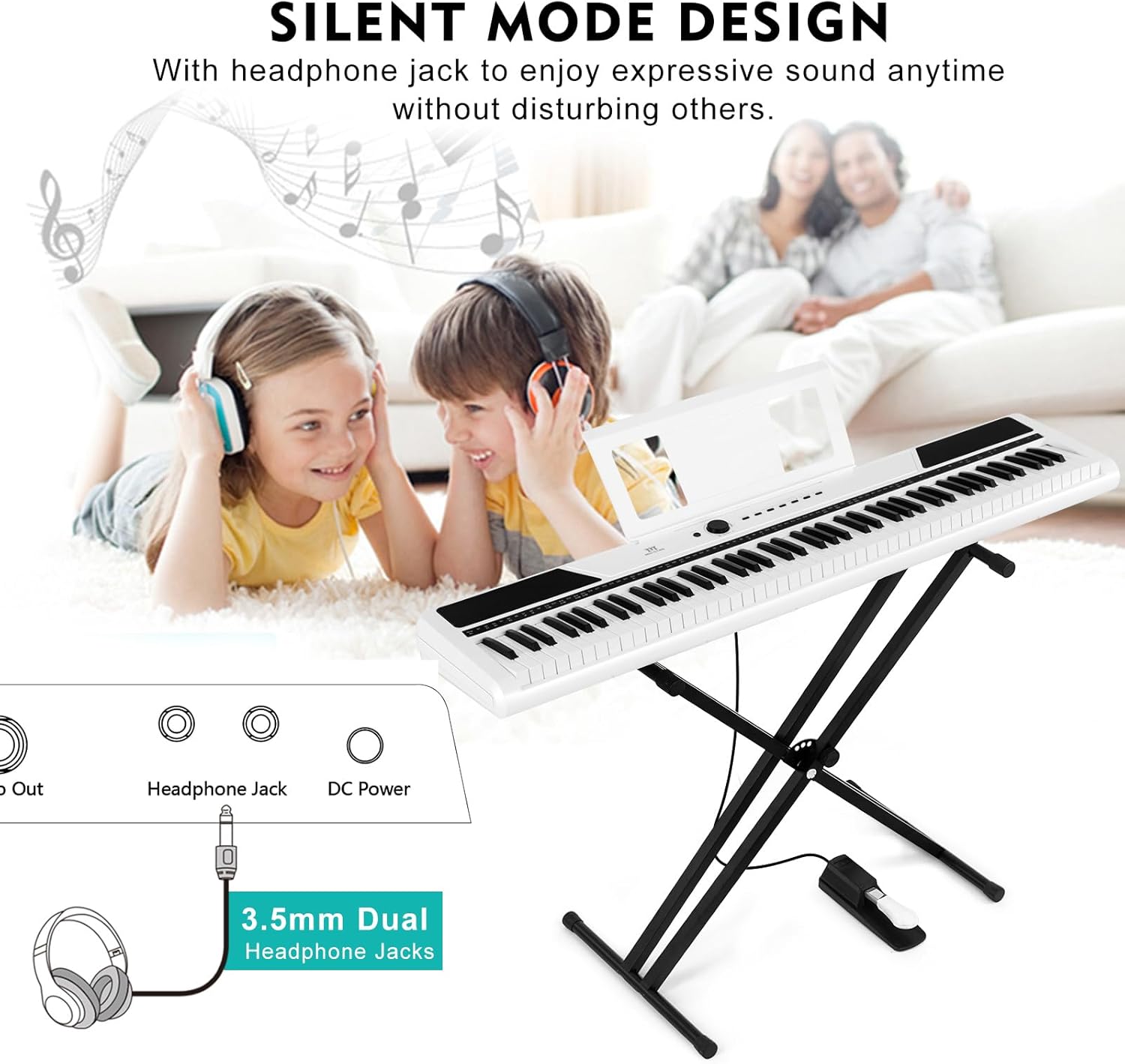 MUSTAR 88 Key Piano Keyboard, Full Size Digital Piano 88 Weighted Keys with Stand, Electric Piano Keyboard 88 Keys Semi Weighted with 2x25W Speakers, USB/MIDI, Case, Sustain Pedal, White