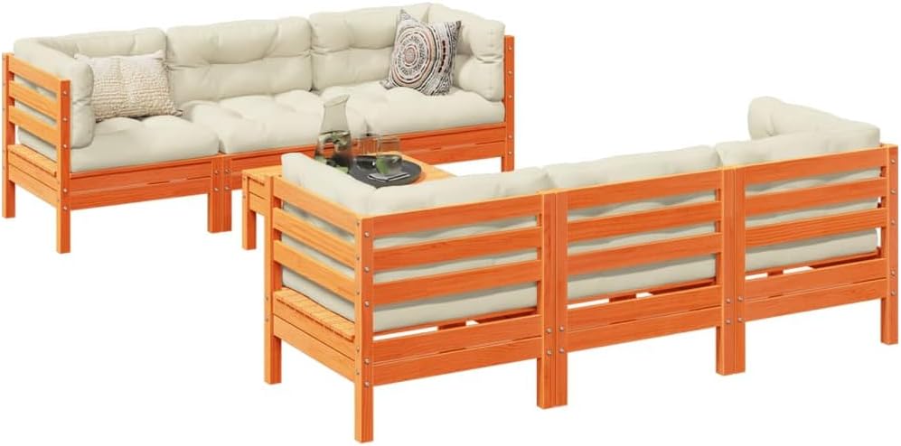 7 Piece Patio Sofa Set with Cushions Wax Brown Solid Wood Pine,Comfortable Outdoor Garden Sofa Set Modular Design for Patio and Backyard Patio Furniture Sets