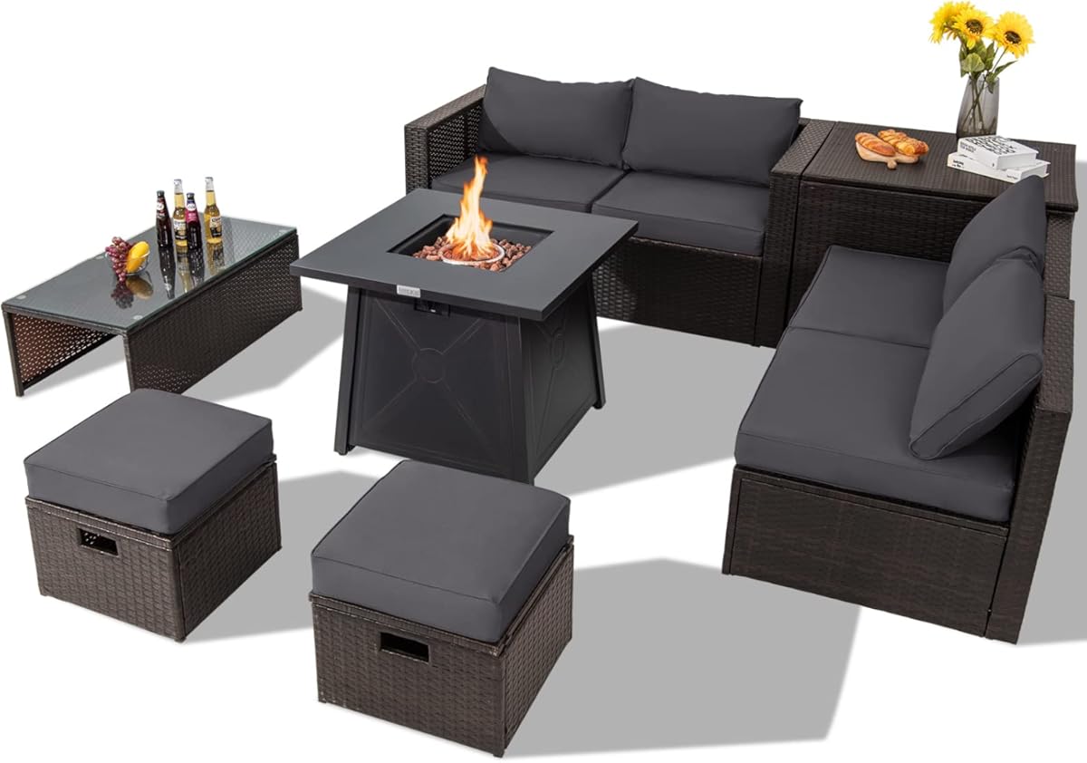 Tangkula 9 Pieces Patio Furniture Set with 30” Propane Fire Pit Table, Outdoor PE Wicker Sectional Sofa Set with Storage Box, 50,000 BTU Gas Fire Pit Table with 2 Protective Covers (Grey)
