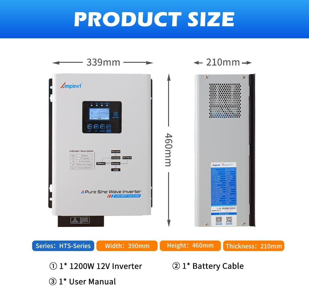 Ampinvt 1200W Pure sine Wave Solar Inverter 12V DC to 120V AC for Home Backup,Off-Grid Living,Built-in 40A MPPT Solar Controller,Solar & AC Input Charger,Compatible with Lifepo4 Battery