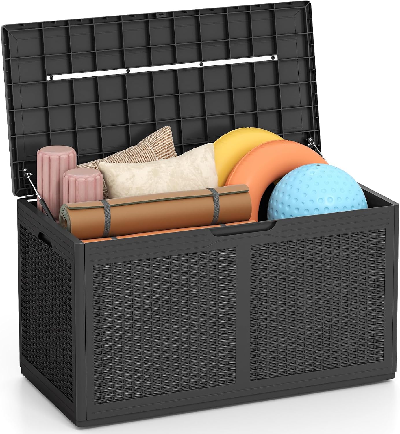 Giantex 100 Gallon Resin Outdoor Storage Box, Waterproof Deck Box w/Lockable Lid & Wheels, Rattan Storage Container Bench for Patio Cushions, Pool Accessories, Gardening Tools, 440 lbs (Grey)