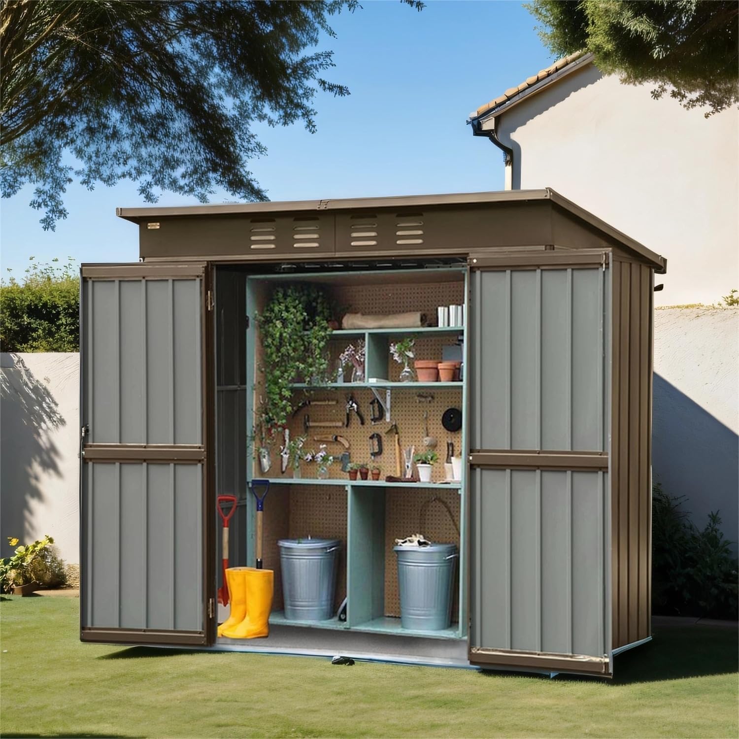 6x4 Ft Metal Tool Sheds Storage House with Lockable Double Door Brown