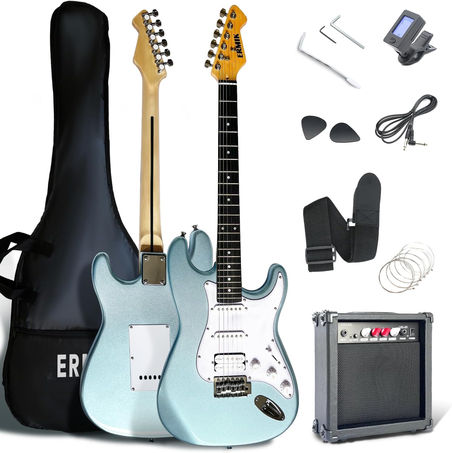Ermik Soild Body Electric Guitar Kit with Amp 20W, Strings, Strap, Digital Tuner, Picks, Gig Bag, Cable, Tremolo Bar, 39