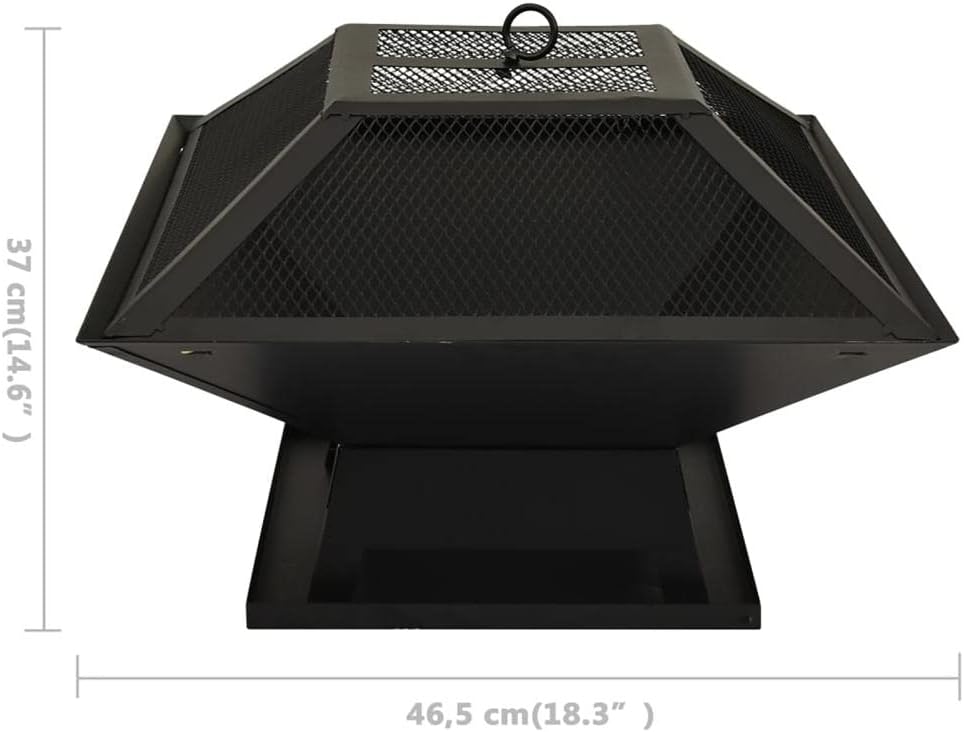 2-in-1 Fire Pit and BBQ,18.3in Wood Burning Firepit, Square Metal Firepit Brazier, Outdoor Stove Bowl with Spark Screen Cover, Cooking Grid and Fire Poker, for Outside Camping Patio Garden-Black