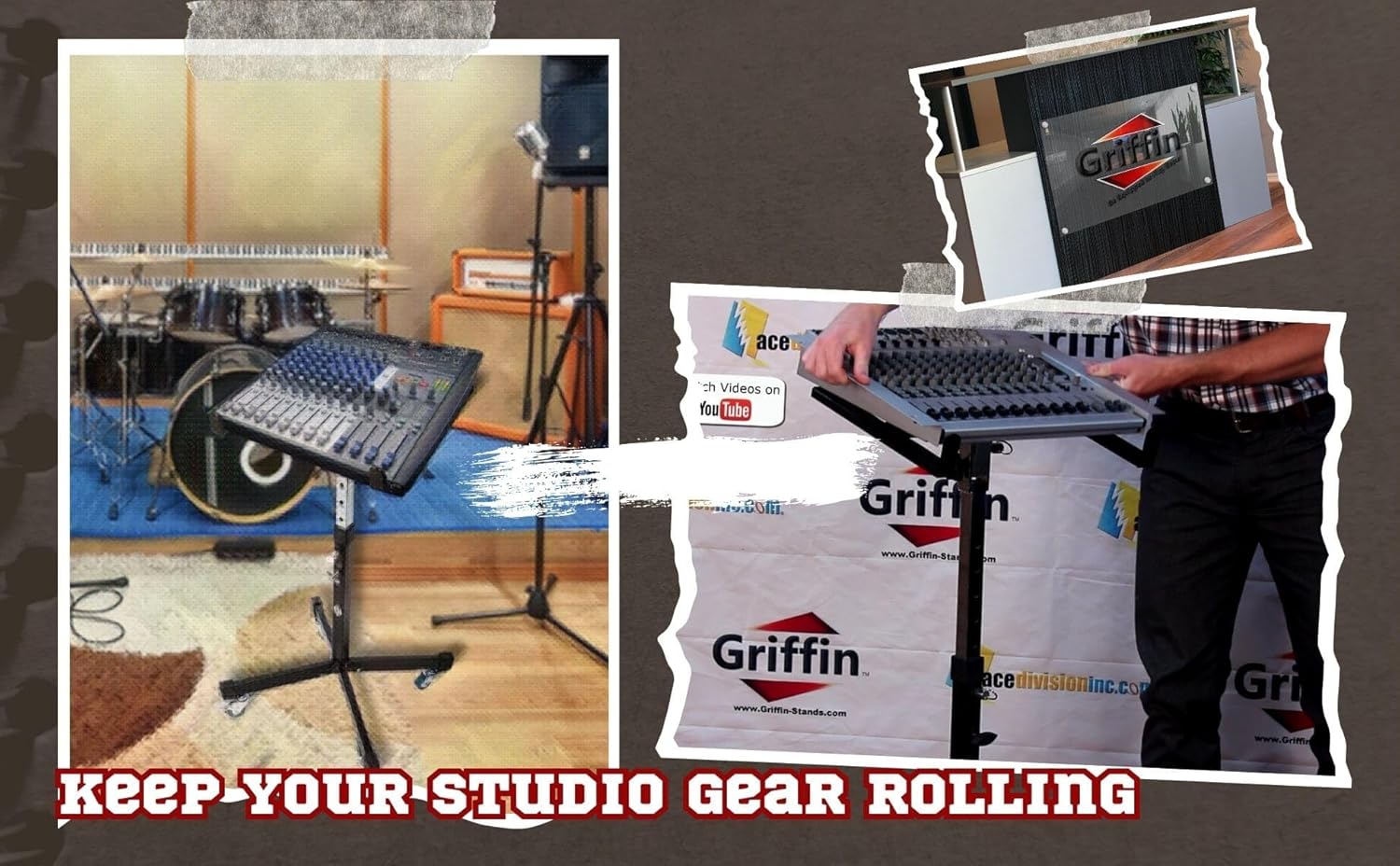 Griffin Rolling Studio Mixer Stand DJ Cart (MobileTILT Series) – Standing Rack On Casters with Adjustable Height – Portable Mount Turntable Holder For Digital Drum Machine, Mixing Audio Music Gear