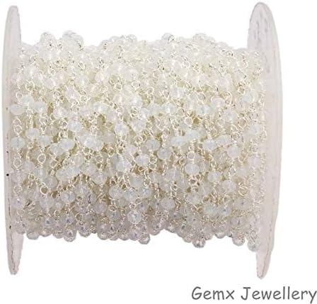white opalite gemstone faceted beads, 3-4 mm rondelle beads, silver plated chain, wire wrapped beaded chain. (hrcs-37)