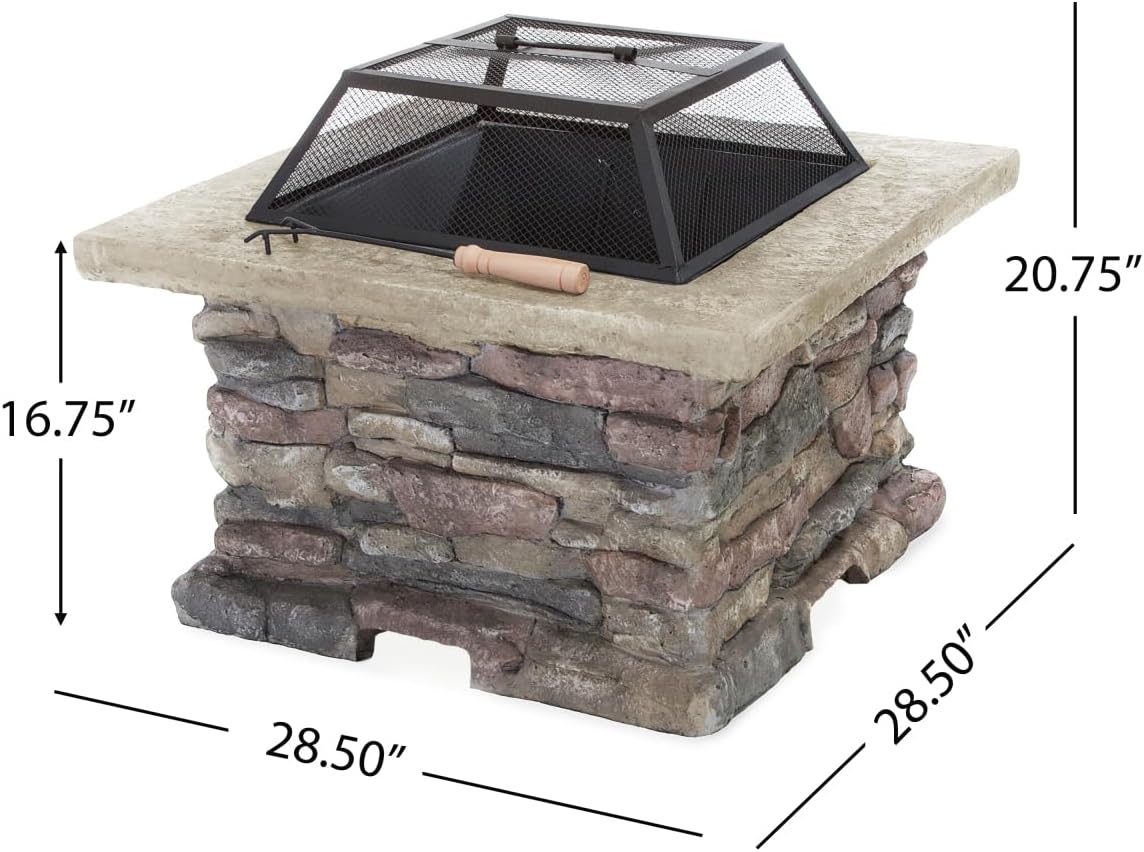 28-inch Outdoor Wood Burning Fire Pit with Natural Stone Finish, Fire Bowl with Lid, Mesh Cover & Poker Tool for Patio, Backyard, Garden